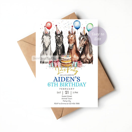 Horse birthday invitation for boys with balloons & cake