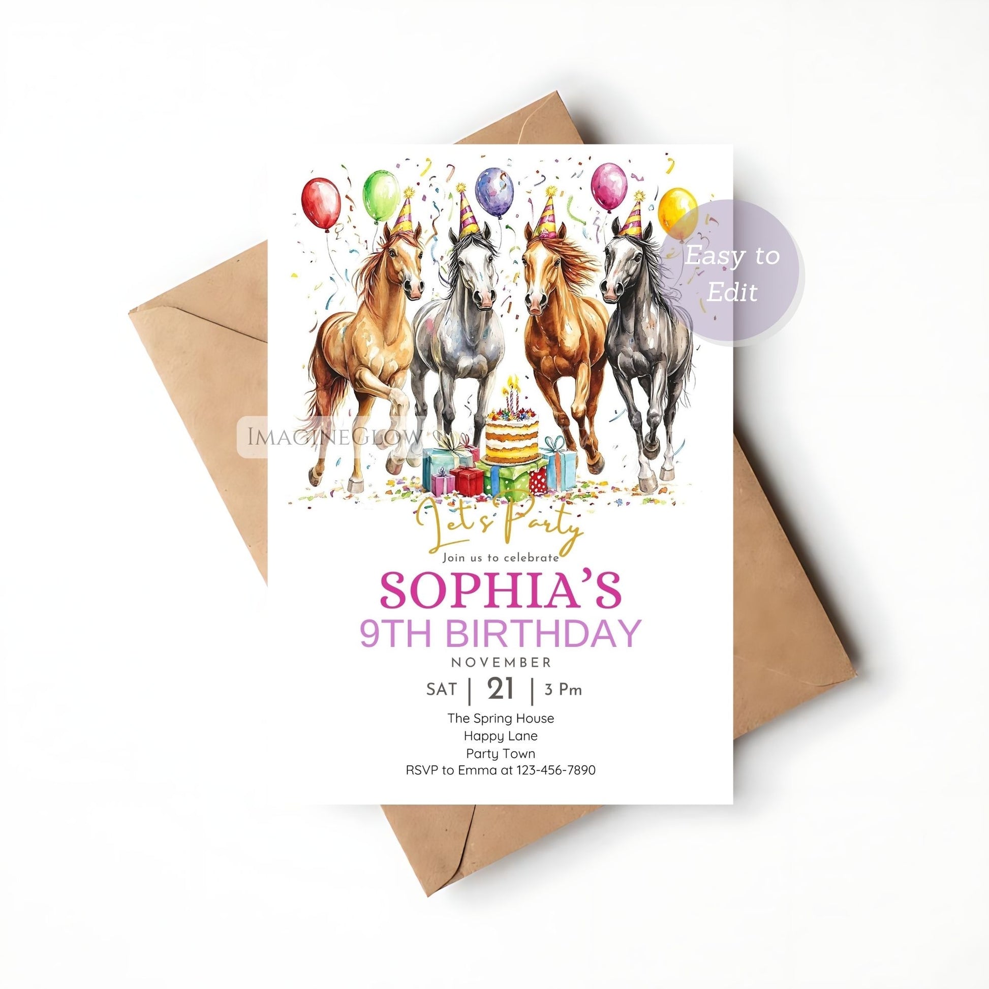 Equestrian birthday invitation with galloping horse