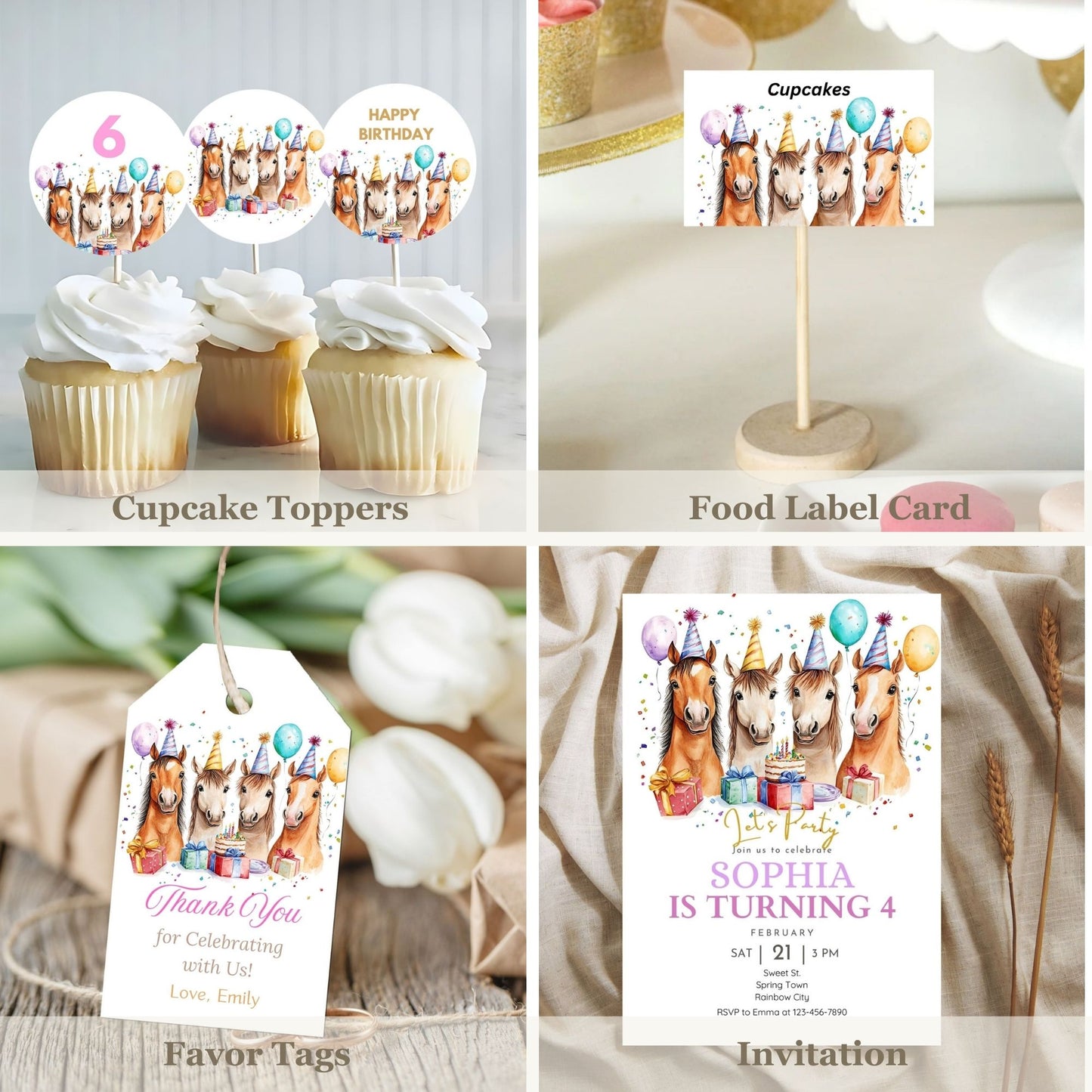 Equestrian birthday invitation and decorations Printable cupcake toppers horse theme