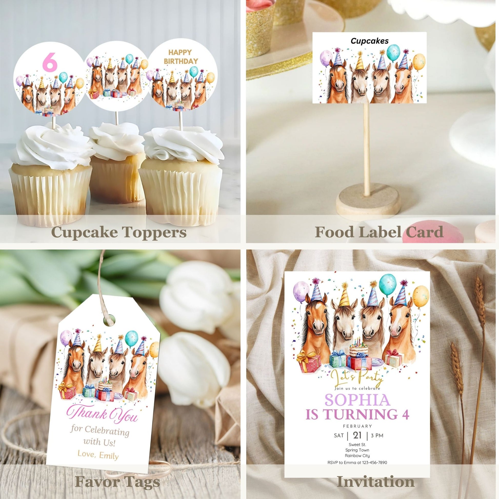 Equestrian birthday invitation and decorations Printable cupcake toppers horse theme