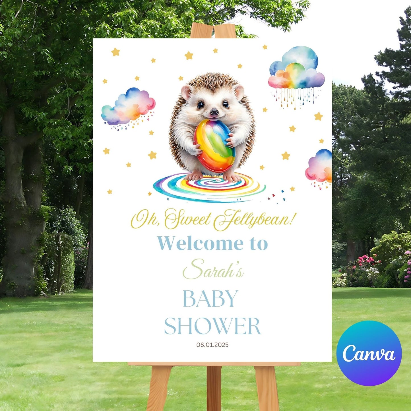 Colorful jellybean baby shower party decor sign.