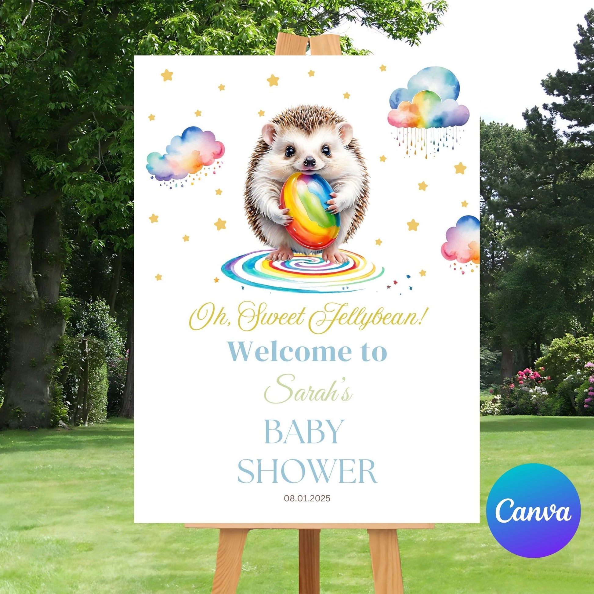 Colorful jellybean baby shower party decor sign.