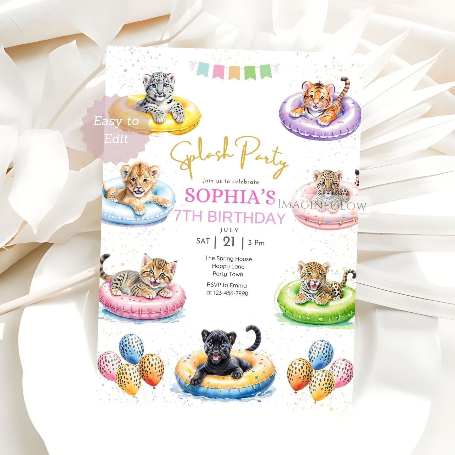 editable big cats splash party invite
tiger cheetah leopard birthday card