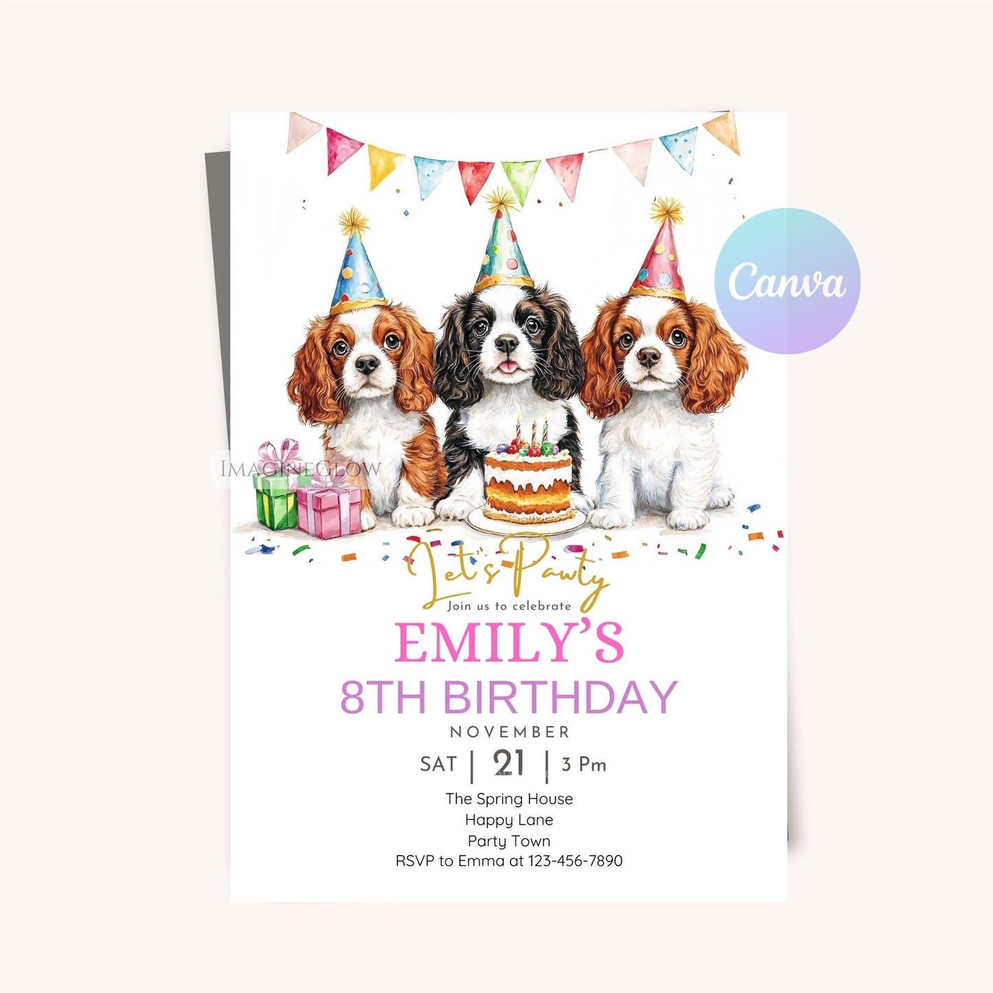 Editable dog party invitation with King Charles Spaniel.