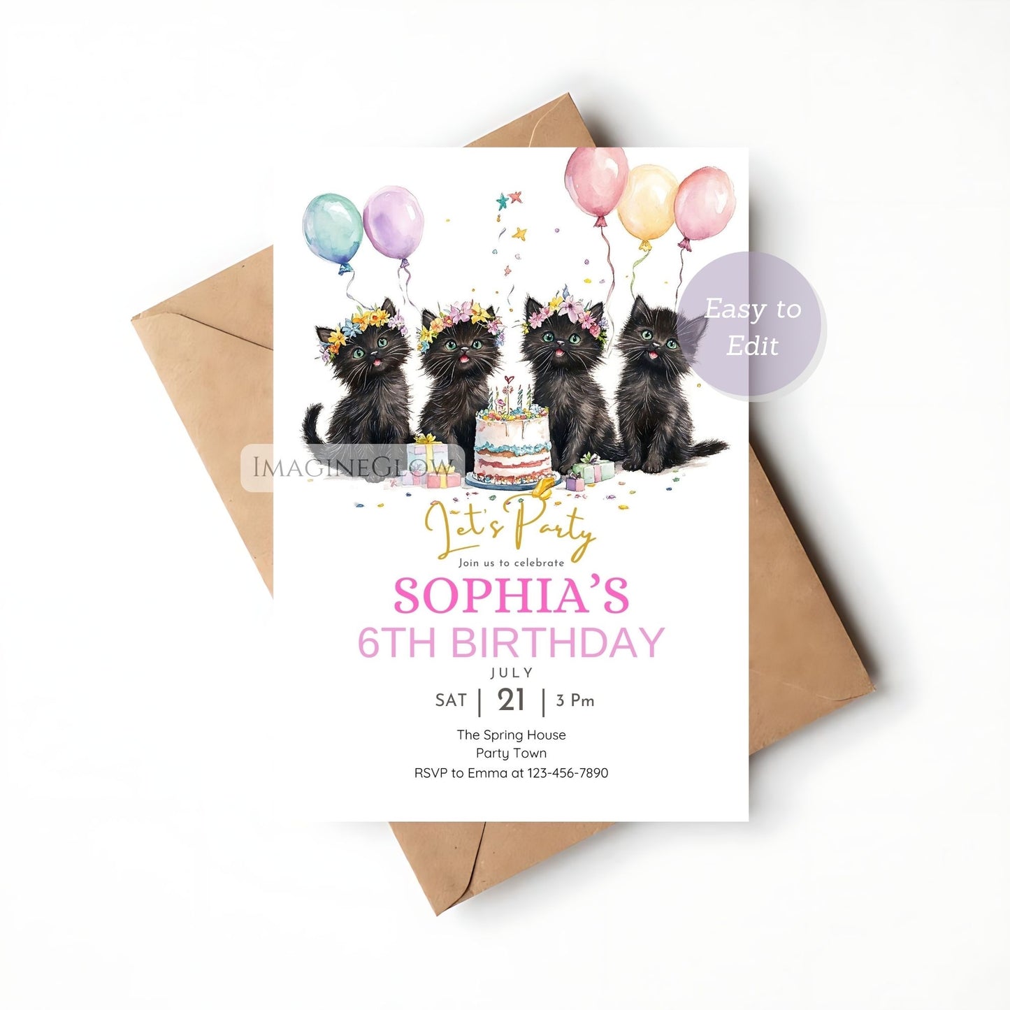 cat themed birthday party invitation printable