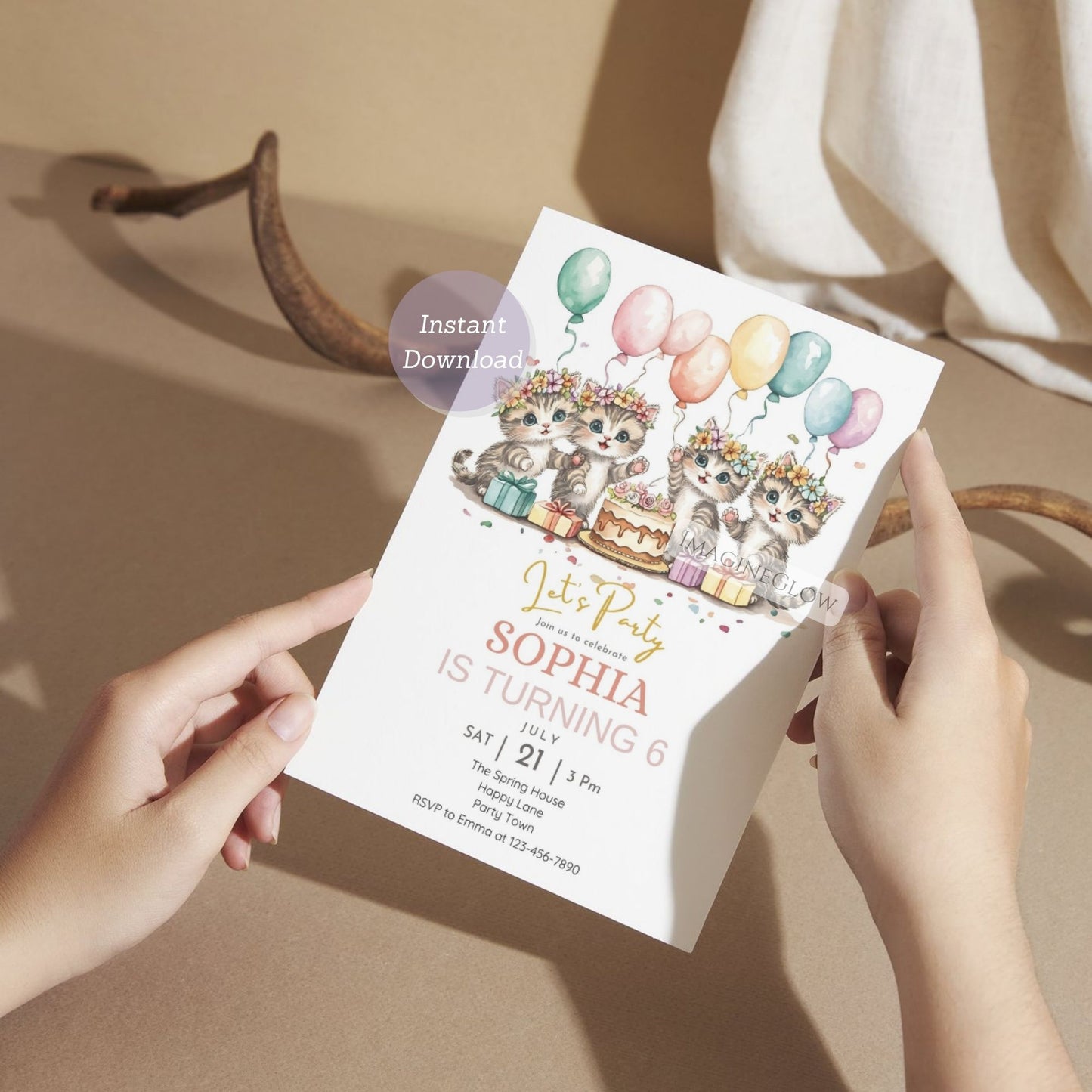 Instant download kitten birthday invitation
Cat lover floral birthday party invitation