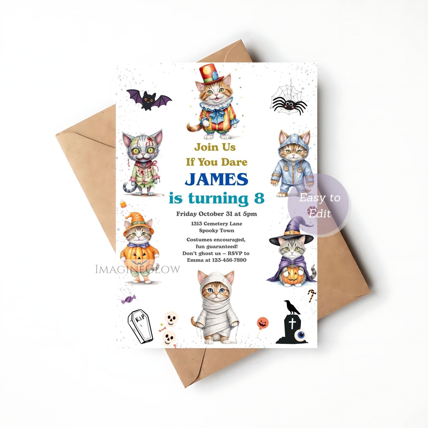 cute halloween cat birthday invitation
