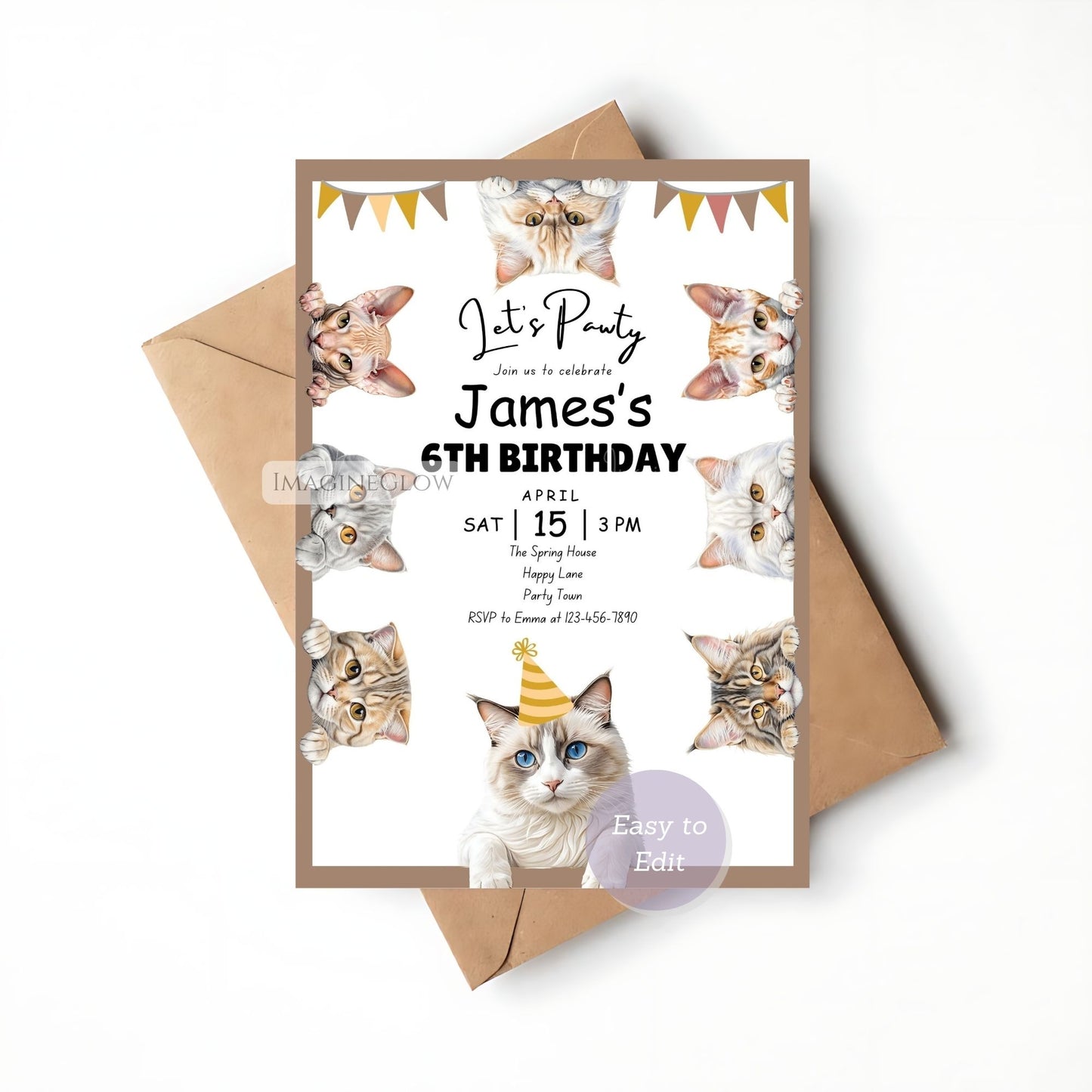 Printable cat birthday invitation for children.