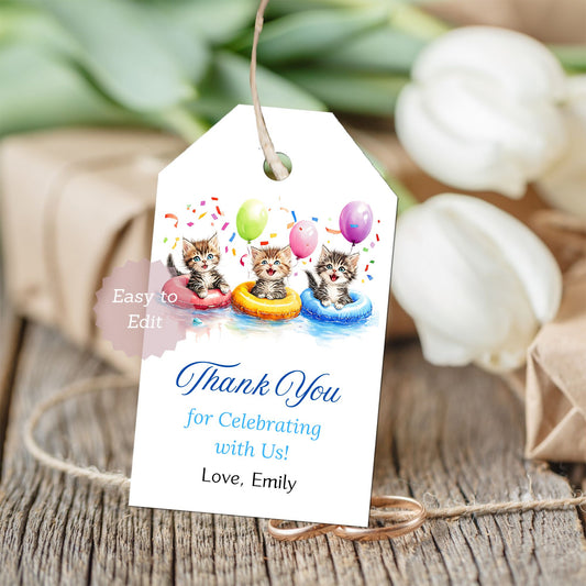 kitten pool party favor tags
cat themed birthday gift tags