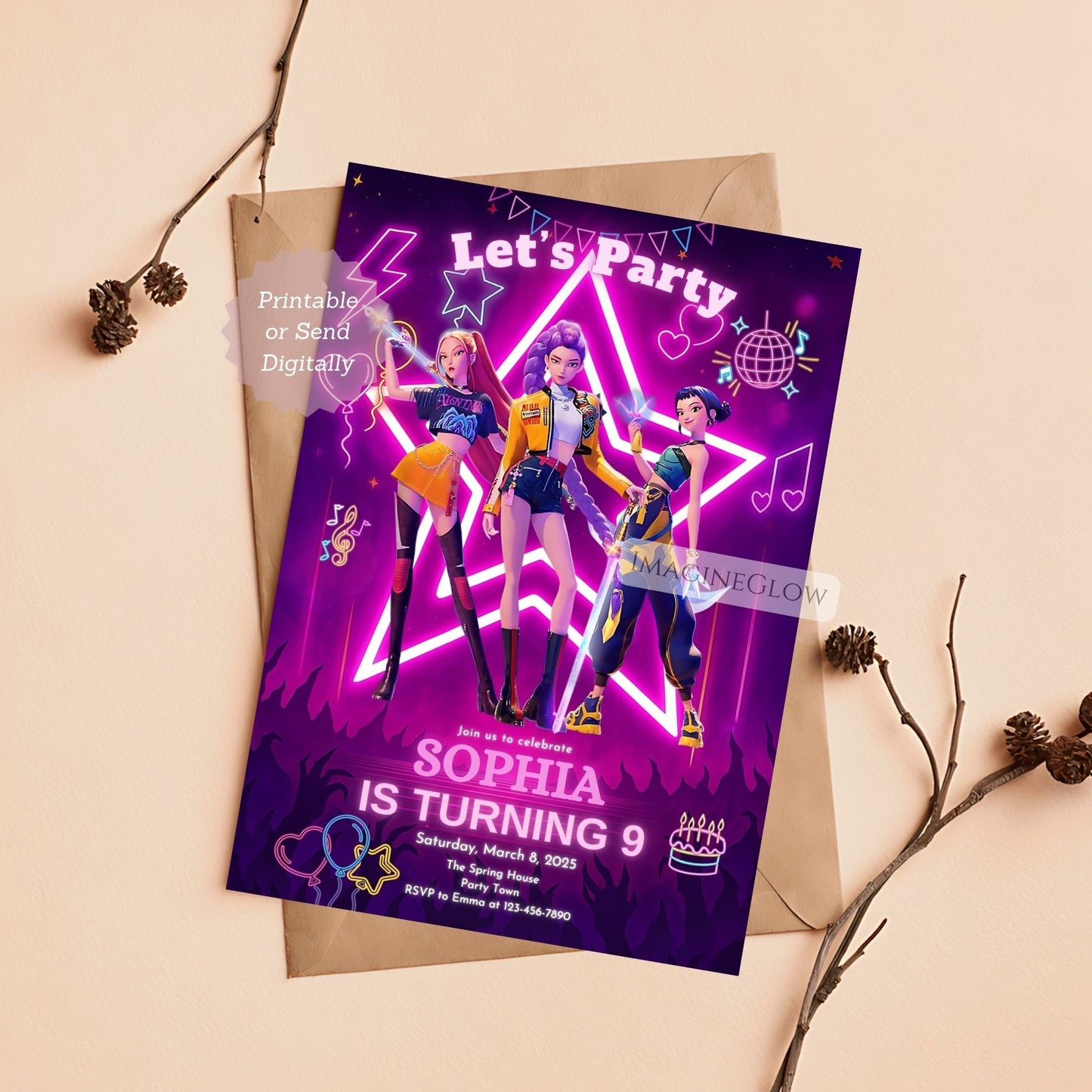 digital kpop party invitation template
printable demon hunters birthday card