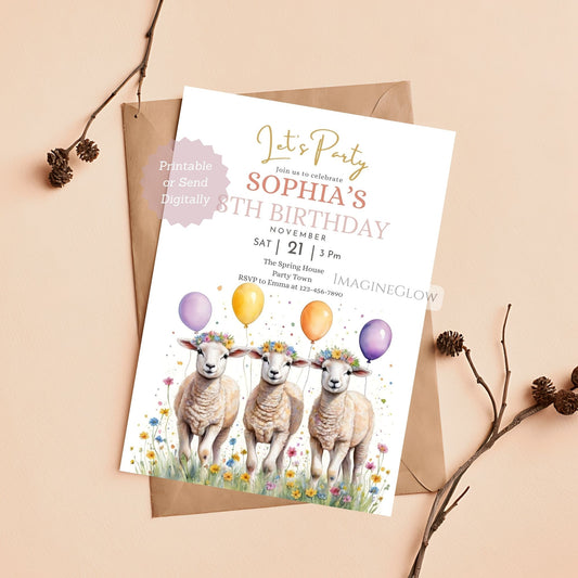 Birthday party invitation with sheep and balloons on a white background