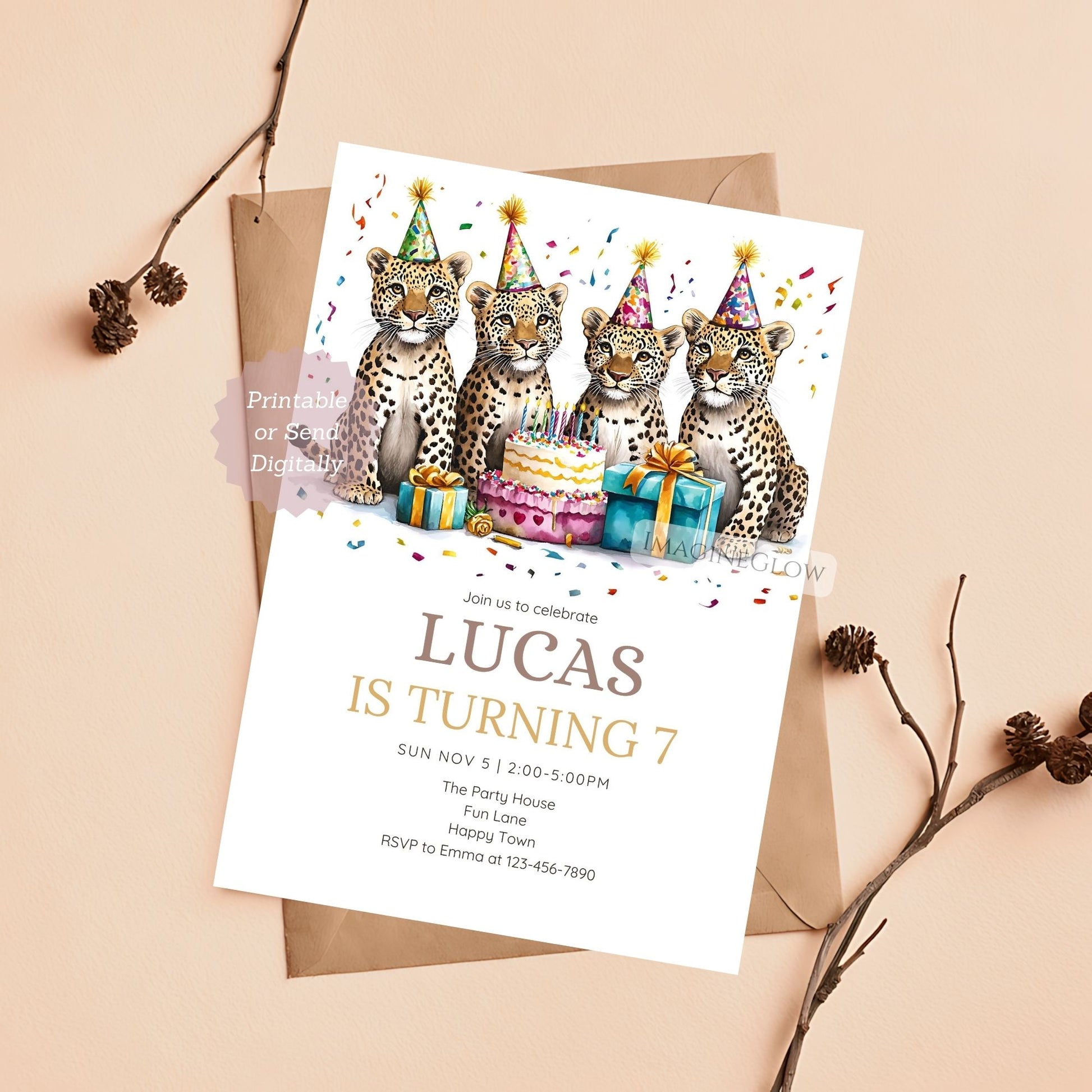 Leopard birthday invitation printable
Editable jungle animal party invite