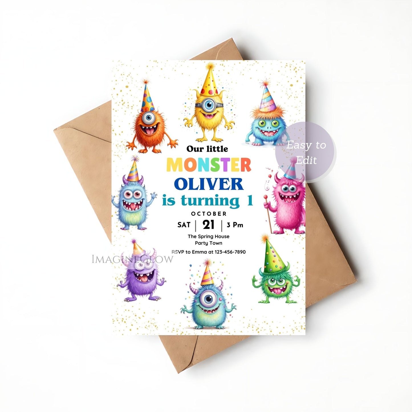 colorful monster birthday invitation editable
