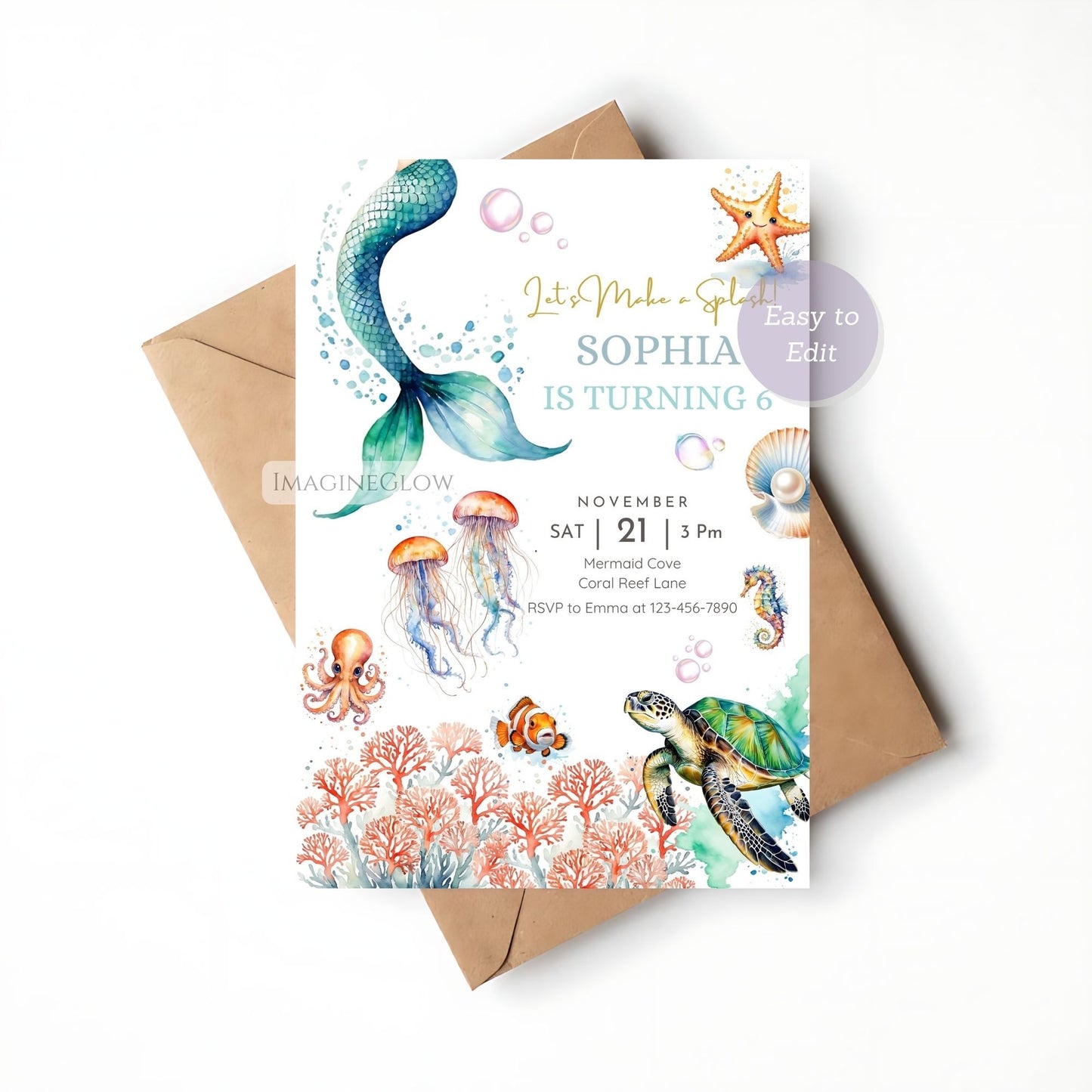 Editable mermaid birthday invitation for kids.