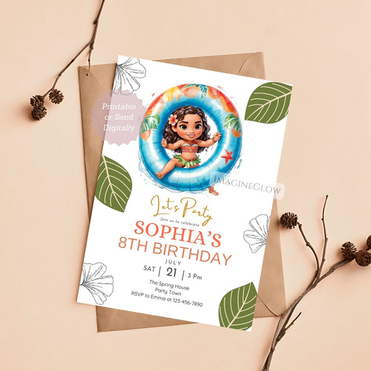 moana pool party birthday invitation
tropical island birthday invite for girls