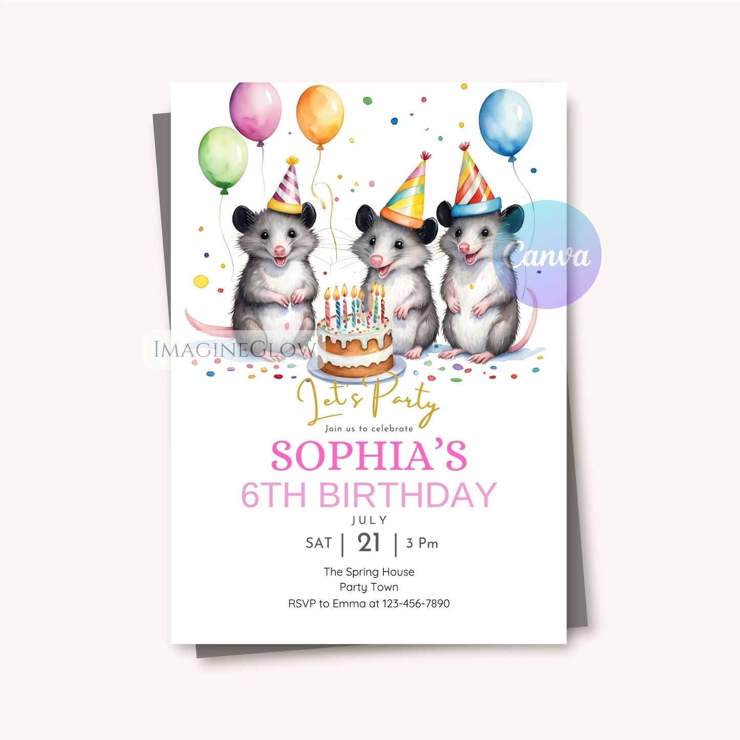 small animal themed birthday invitation card
adorable opossum kids party invite digital
editable opossum birthday invitation template
printable opossum birthday party card design
customizable opossum birthday invitation evite