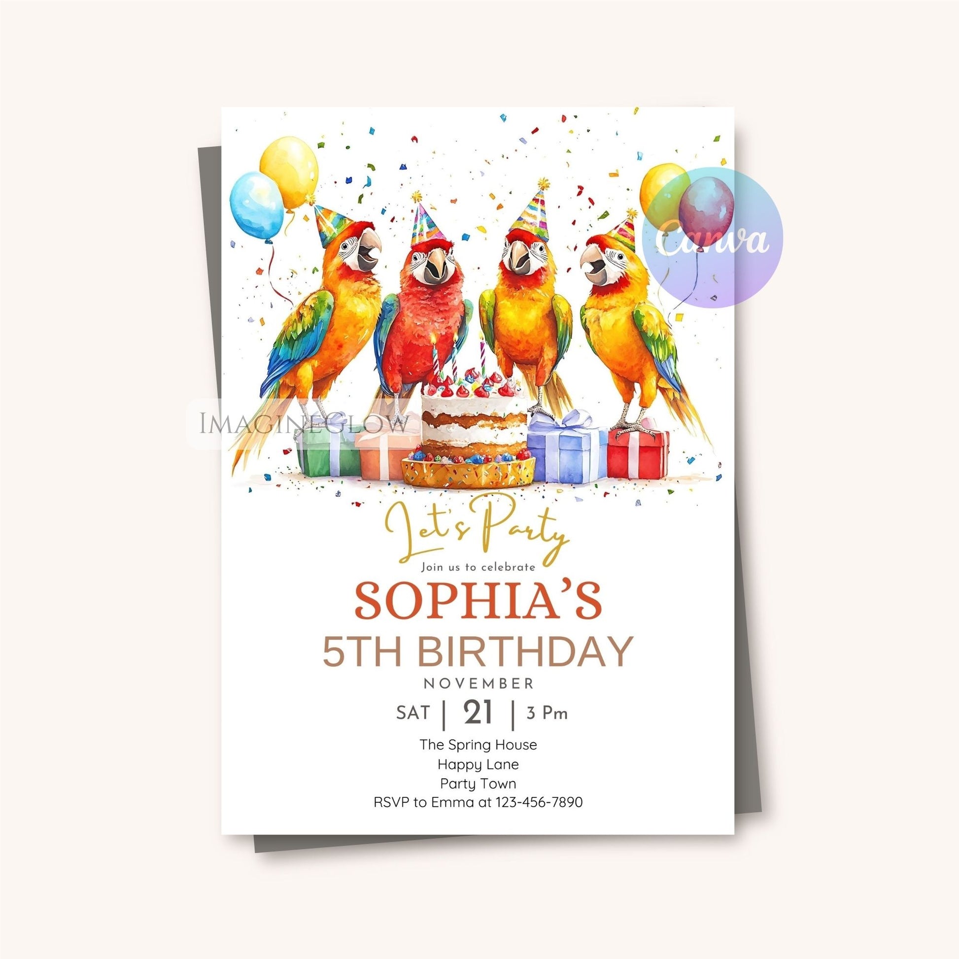 Colorful bird birthday invitation for kids