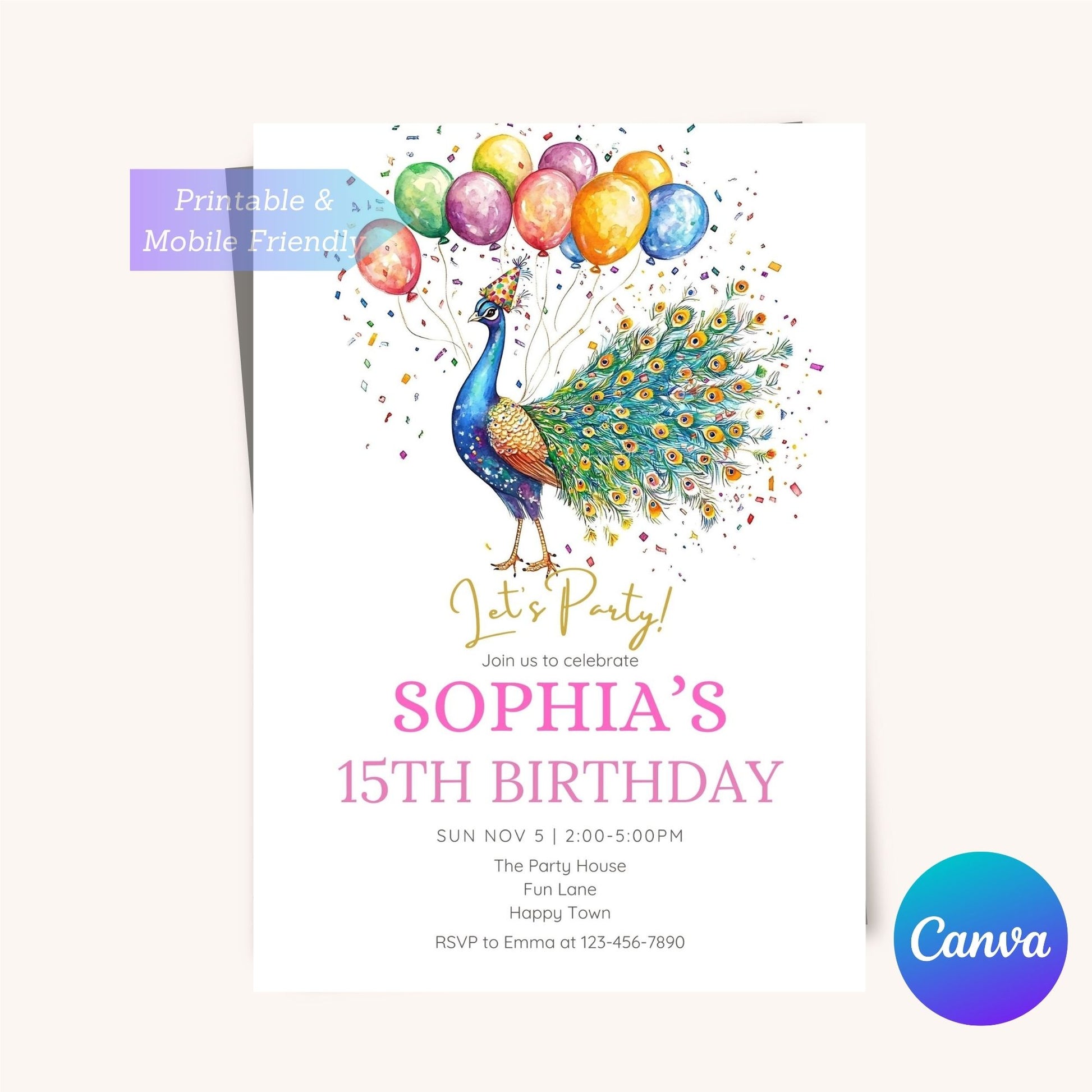 Unique peacock-themed party card for kids celebration