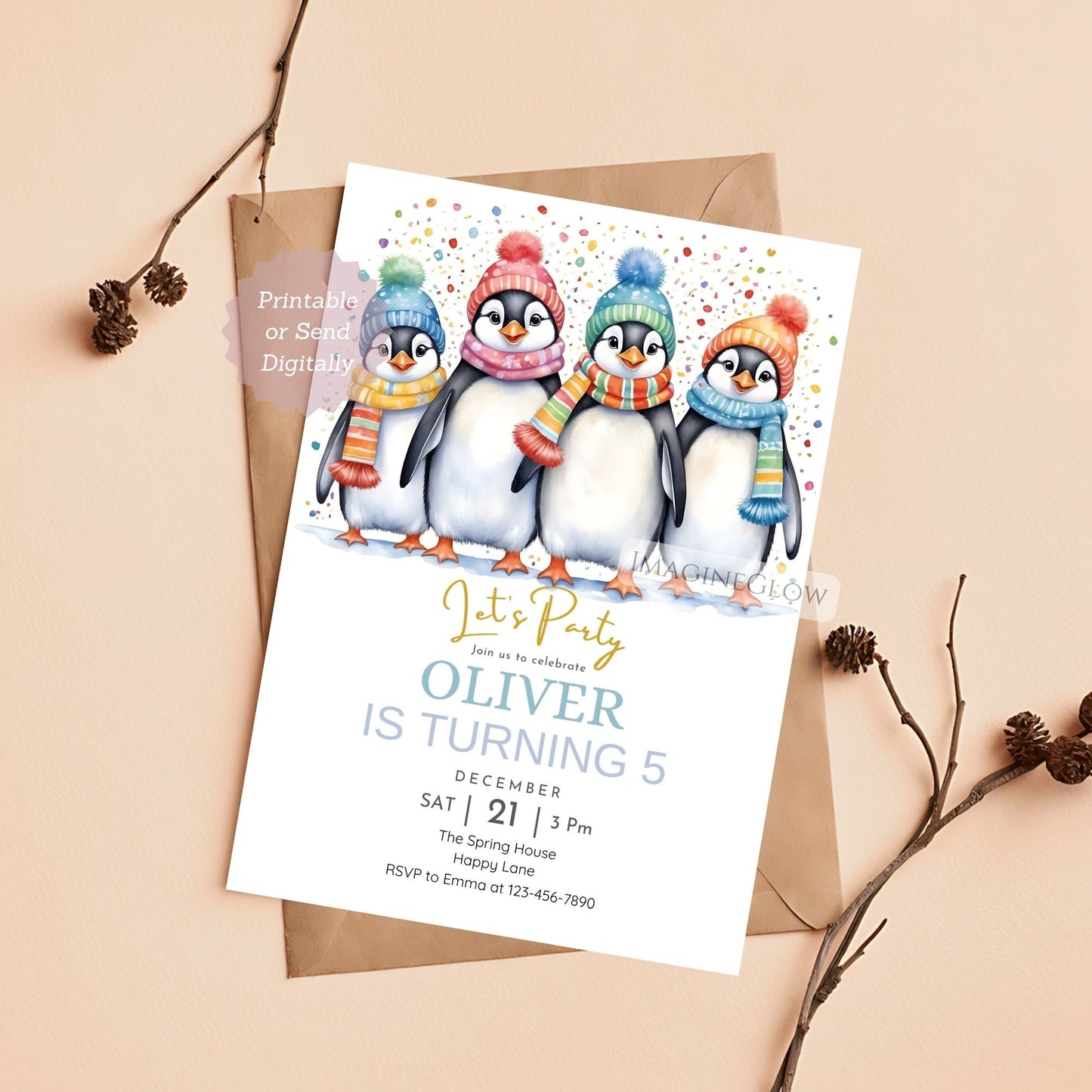 Birthday invitation card with penguins wearing colorful hats and scarves on a beige background.