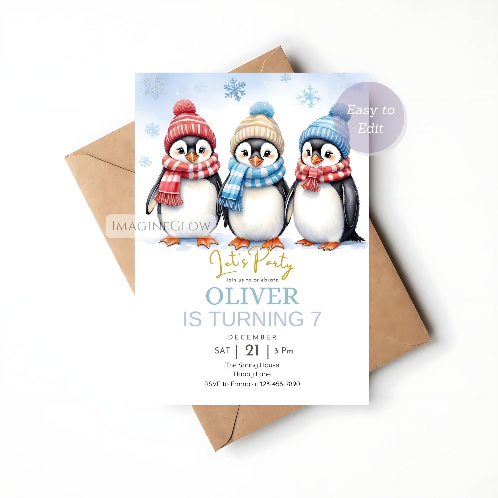 Birthday invitation card with penguins wearing winter hats and scarves, placed on a white background.