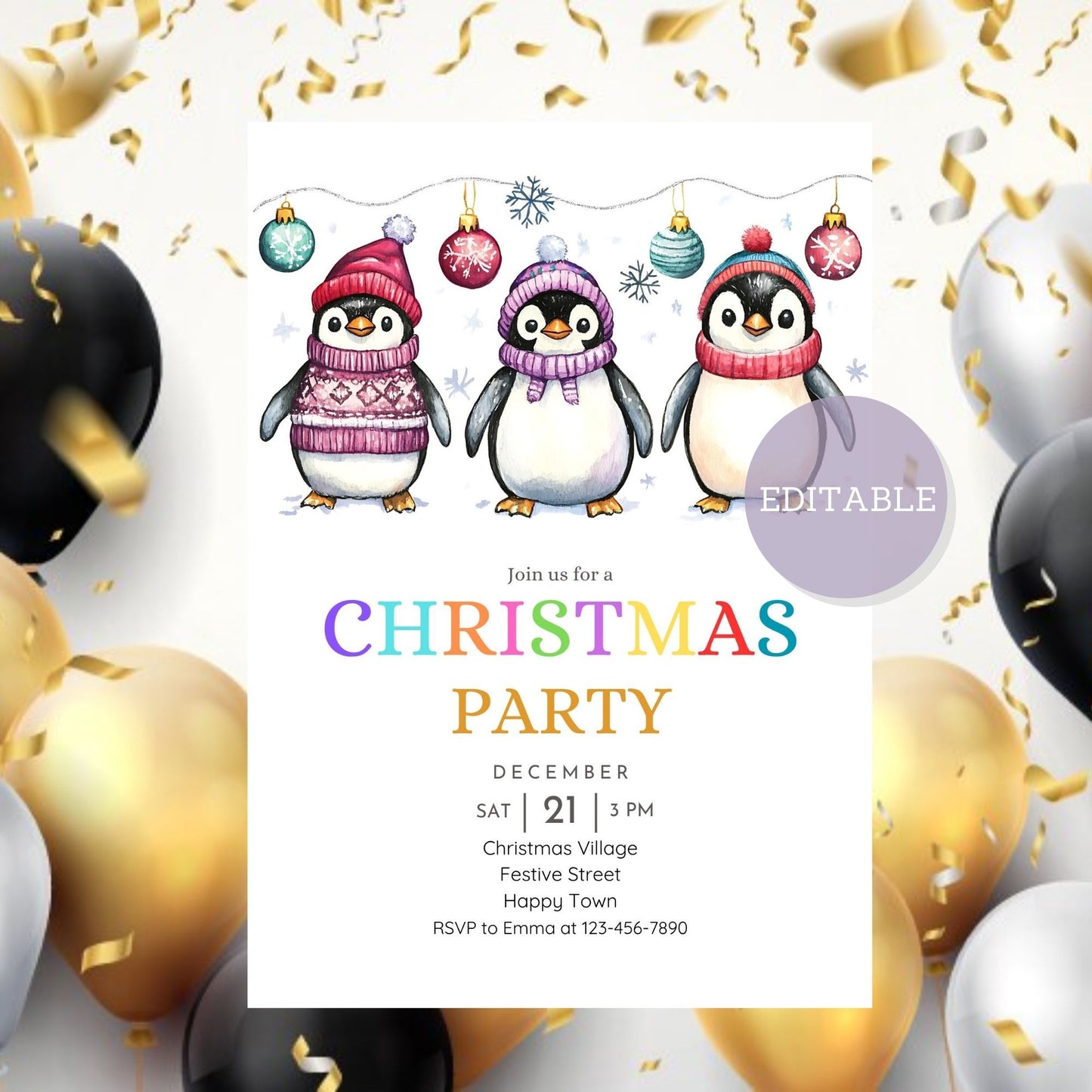 Printable holiday invite featuring vibrant penguins for winter parties.