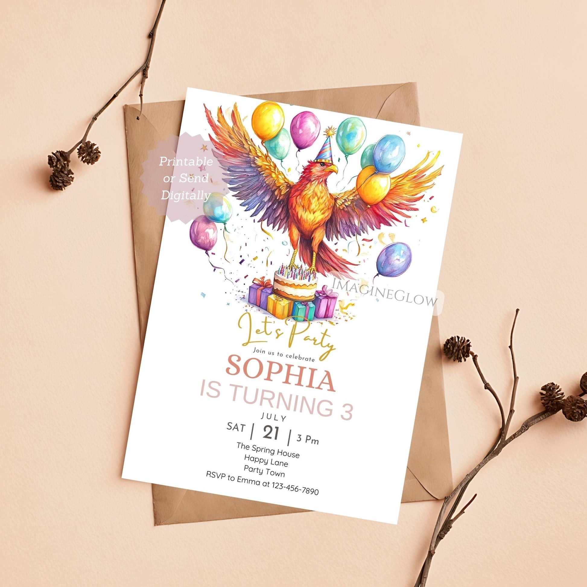 Phoenix birthday invitation editable in Canva