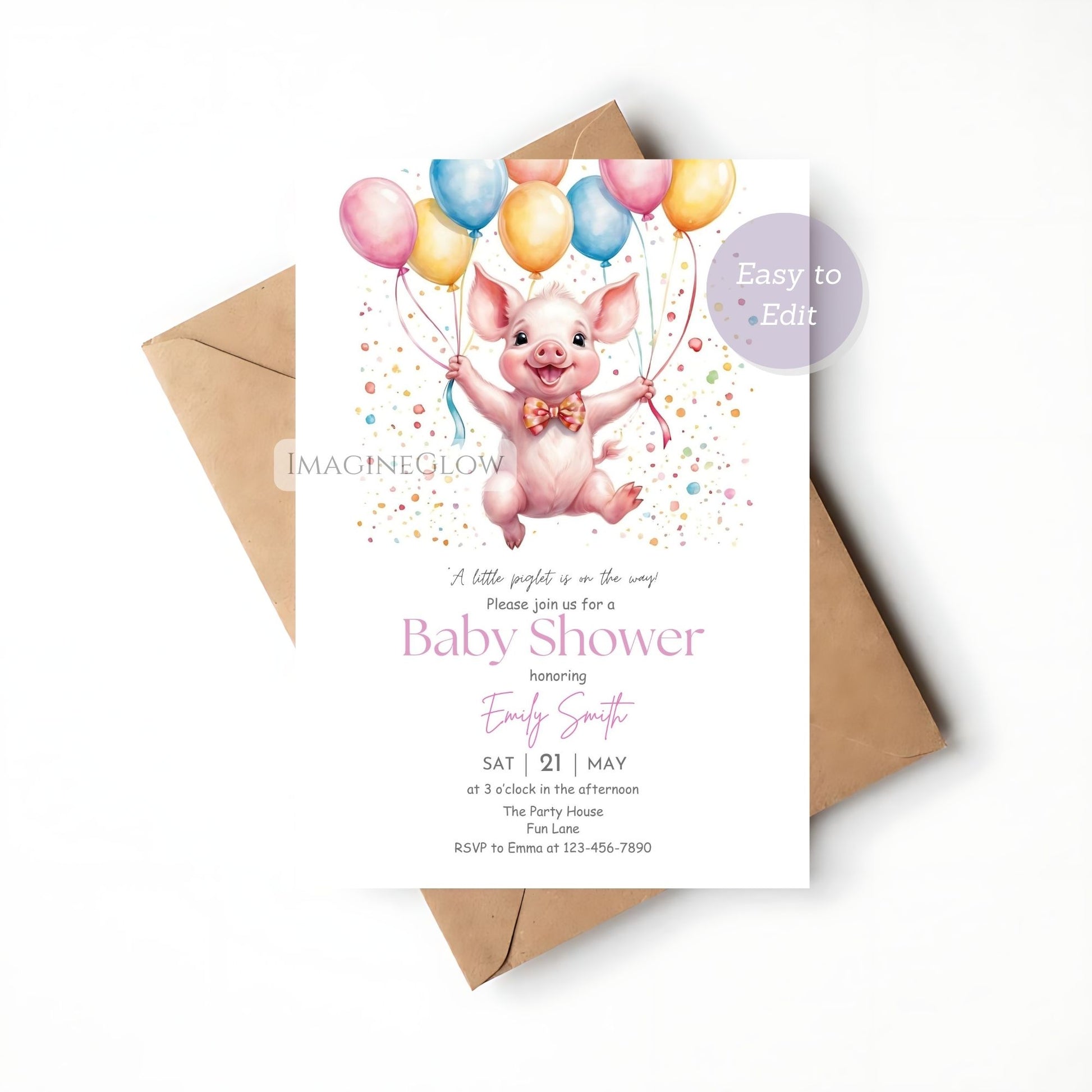 Cute pig-themed baby shower invitation perfect for a rustic shower