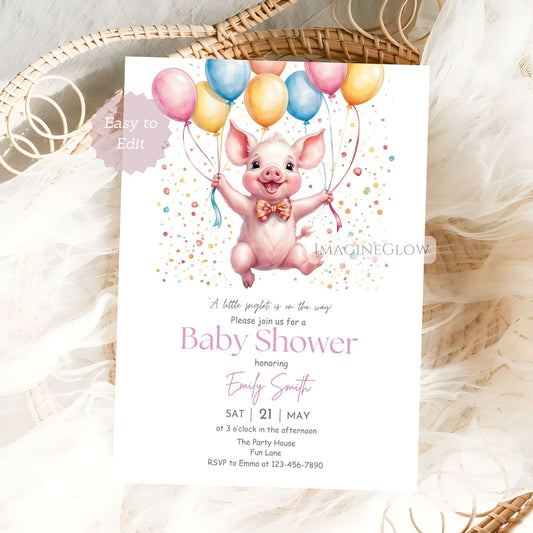 Cute piglet baby shower invitation with a playful pig design
