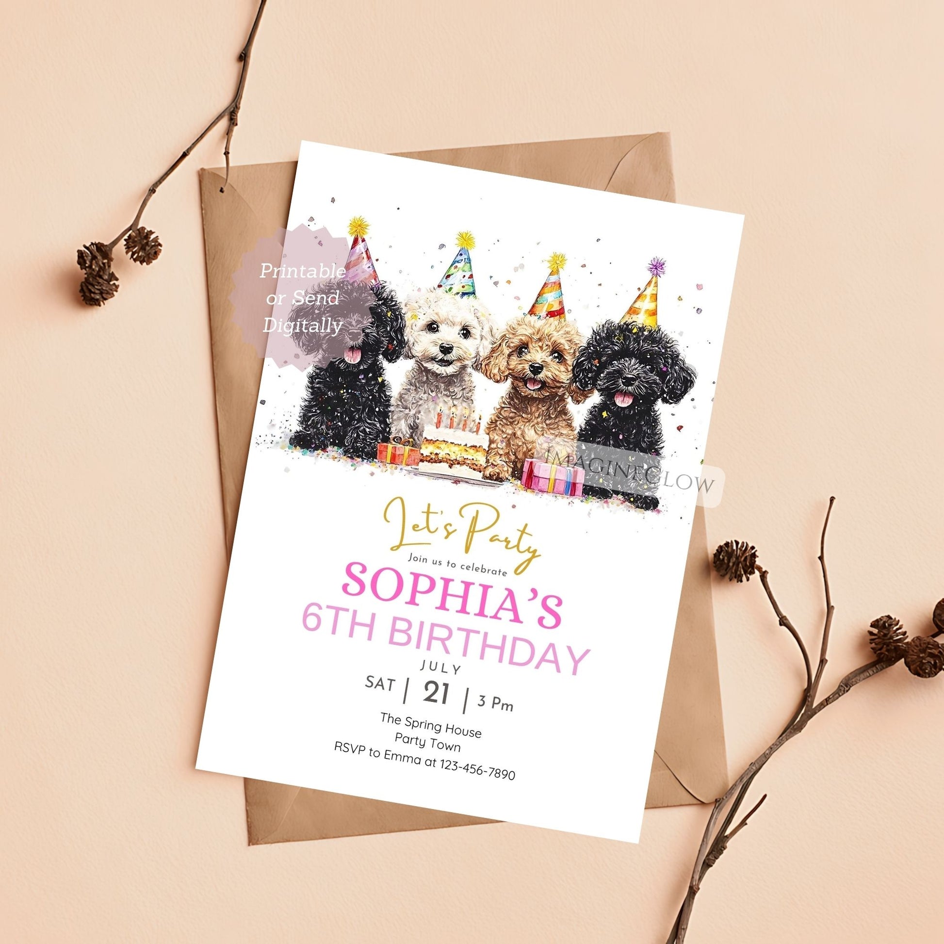 Birthday invitation card with four dogs wearing party hats on a white background