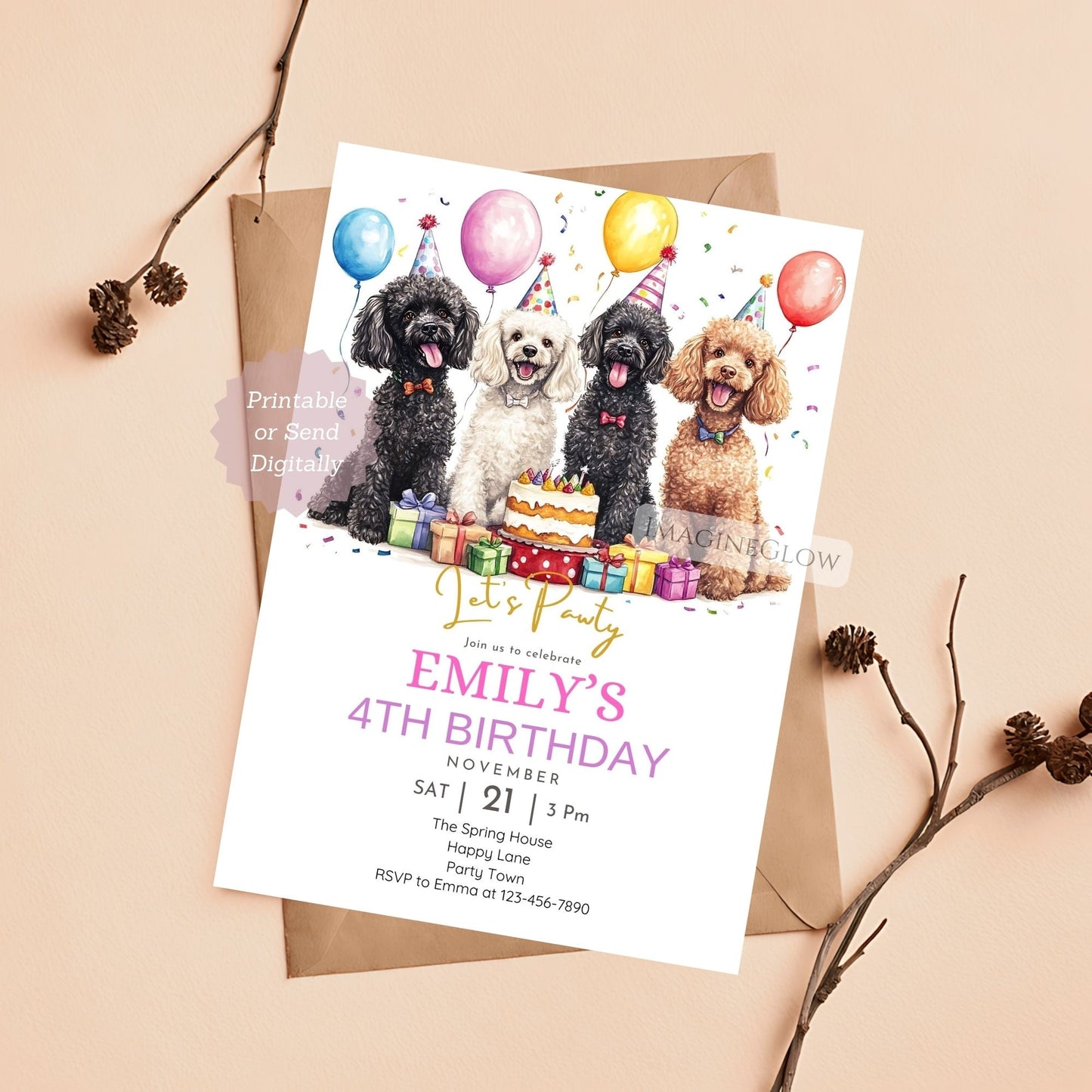 Editable Poodle dog birthday invitation template