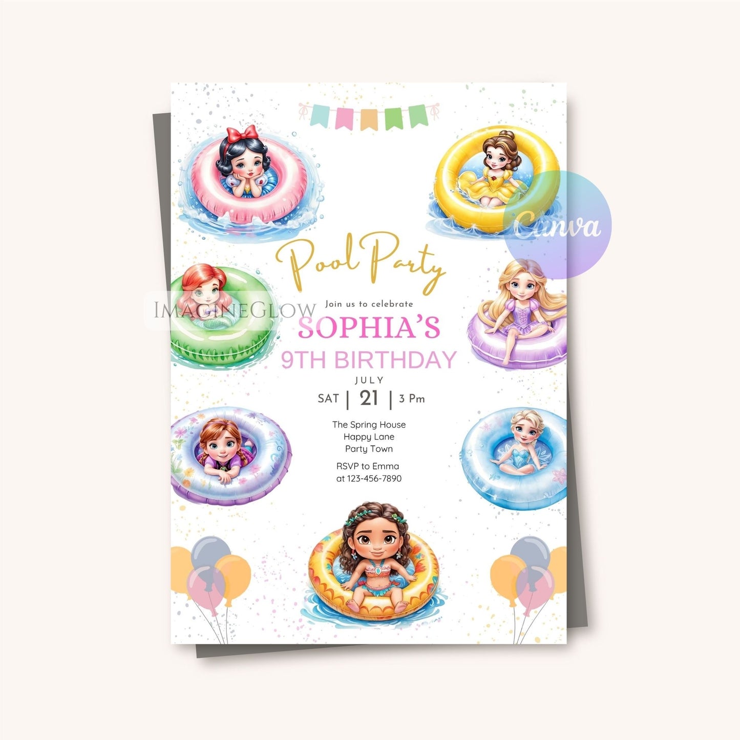 princess pool party birthday invitation
elsa anna swim birthday party invite
