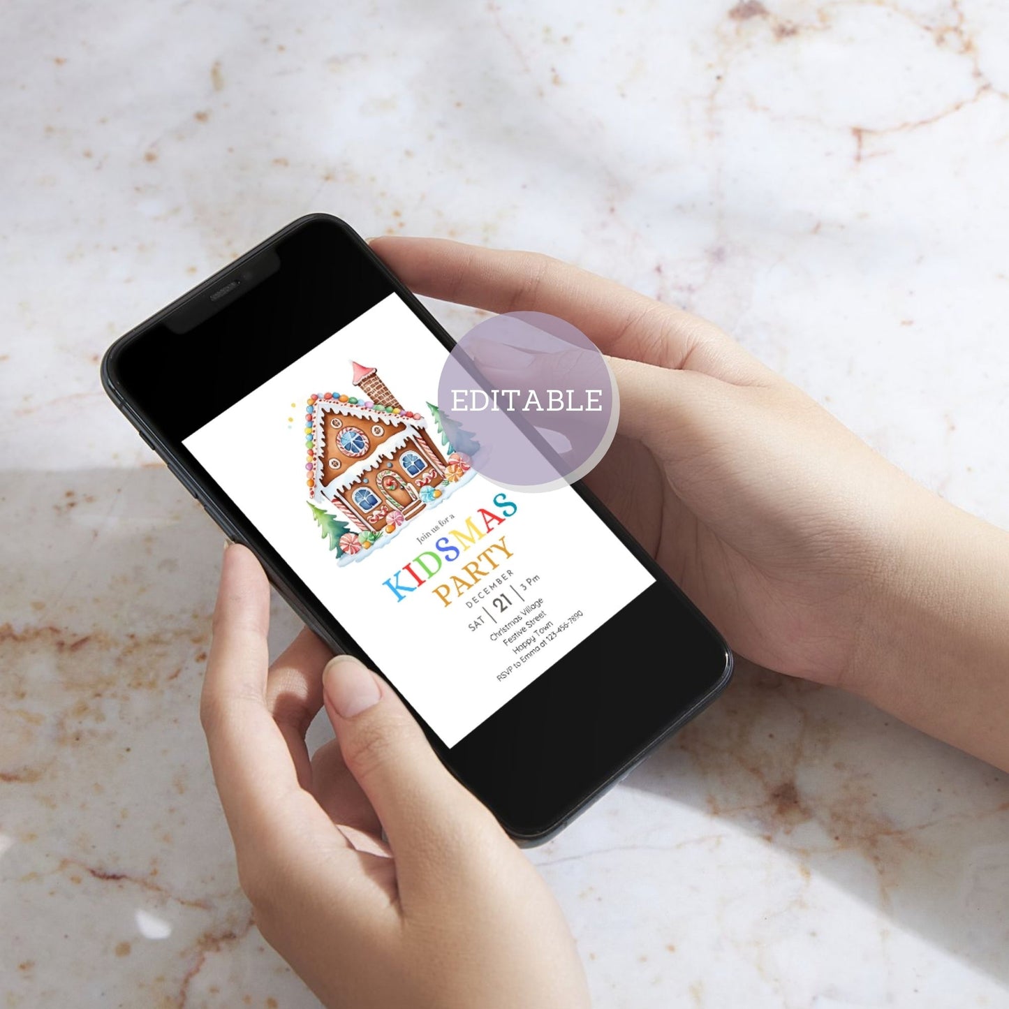 Printable Christmas invite with festive gingerbread house design for kids.