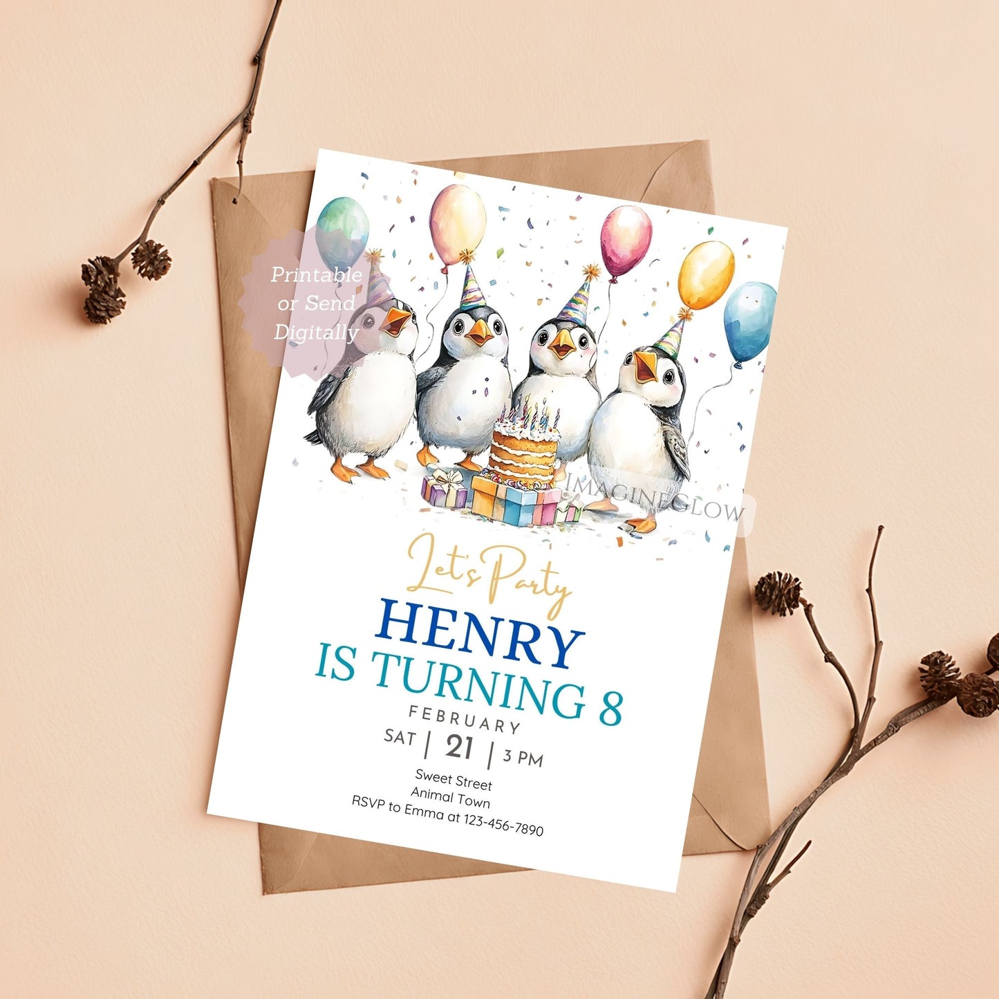 Puffin birthday invitation printable for kids