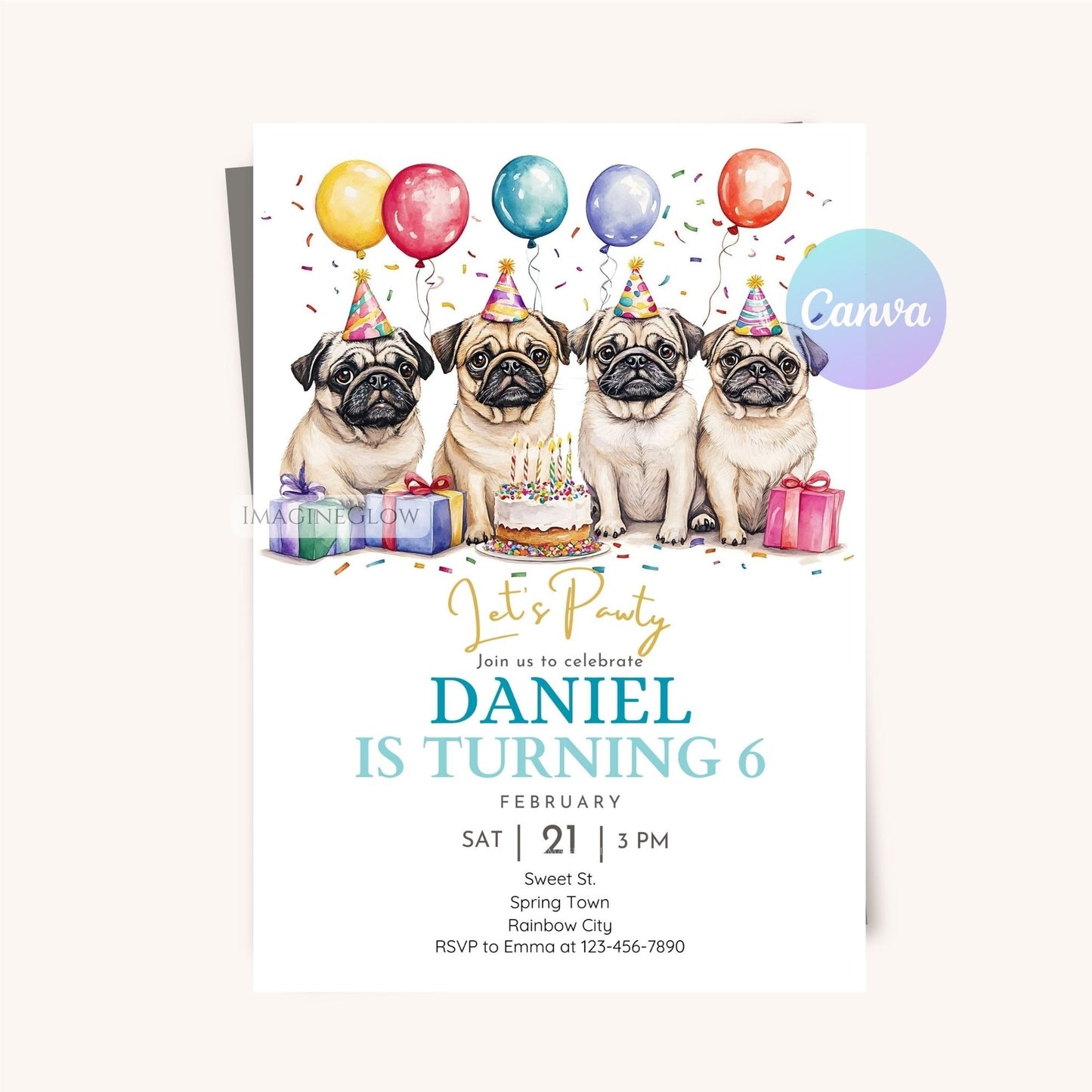Dog lovers birthday invitation with a pug.