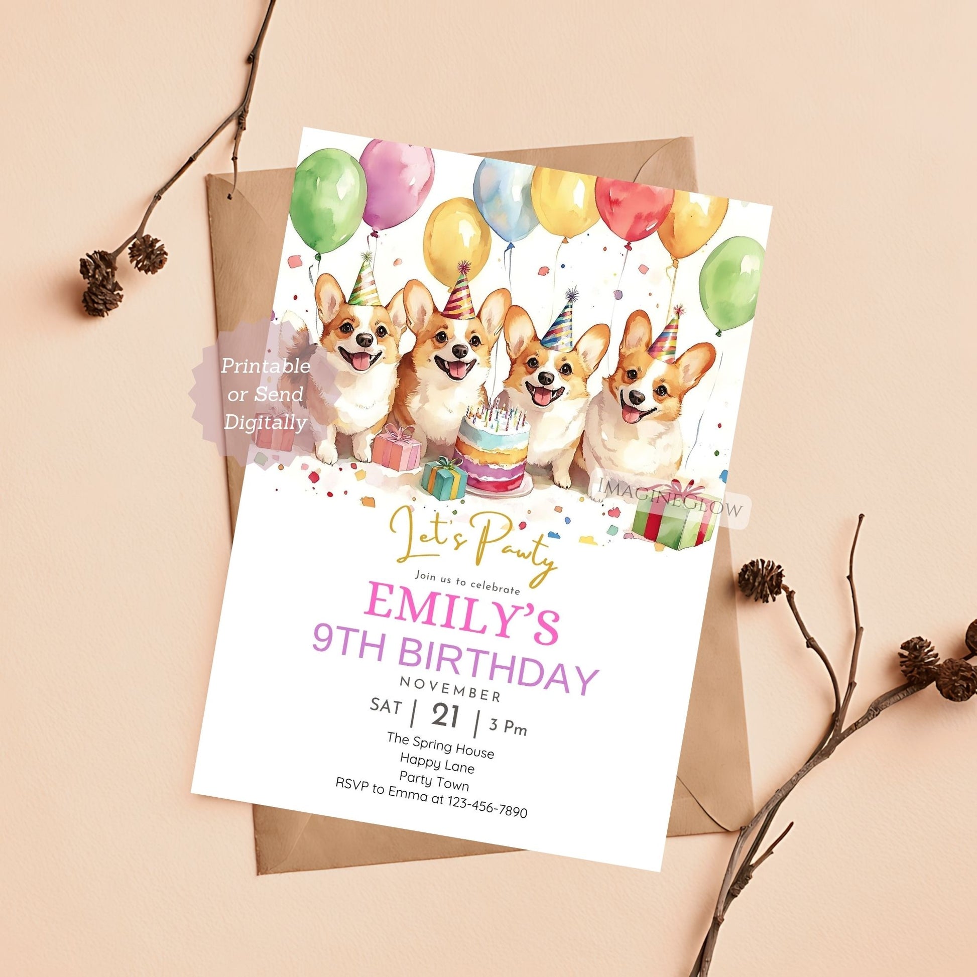 Corgi dog birthday invite for a fun celebration.