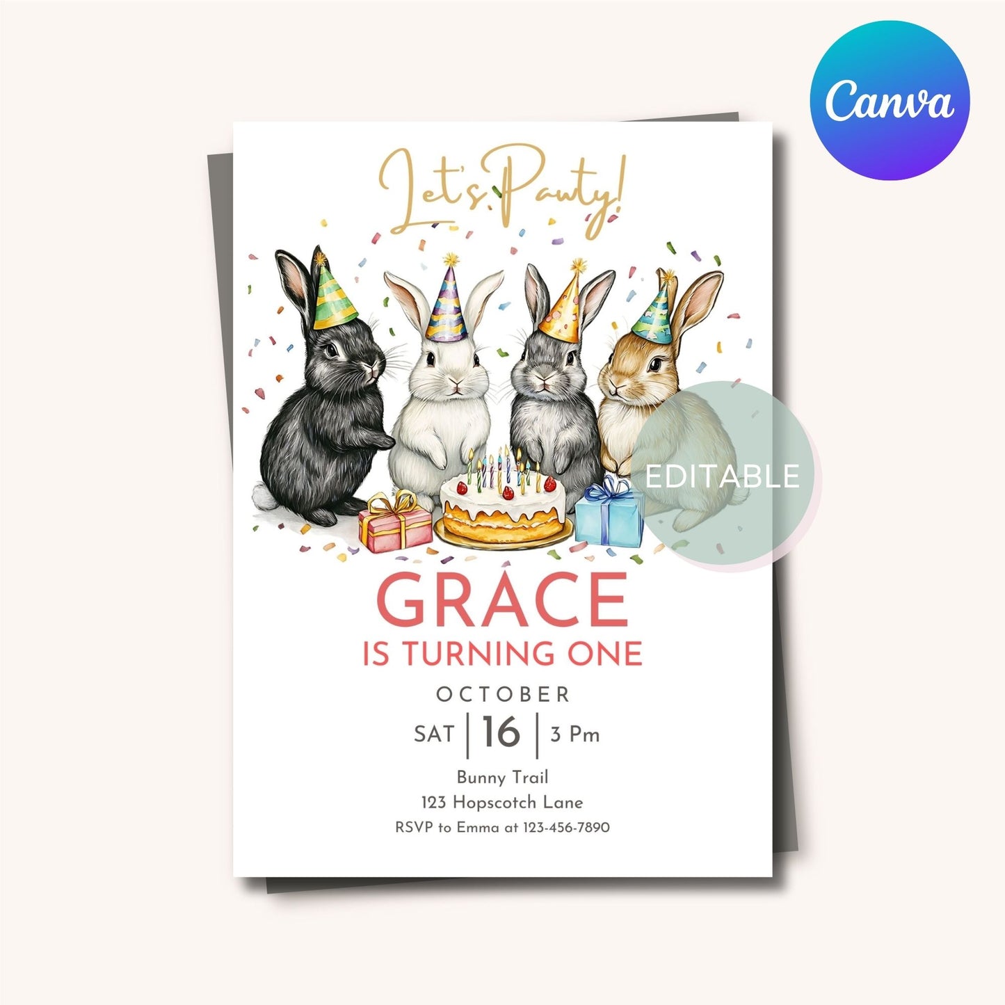 Customizable rabbit birthday party invite with cute design