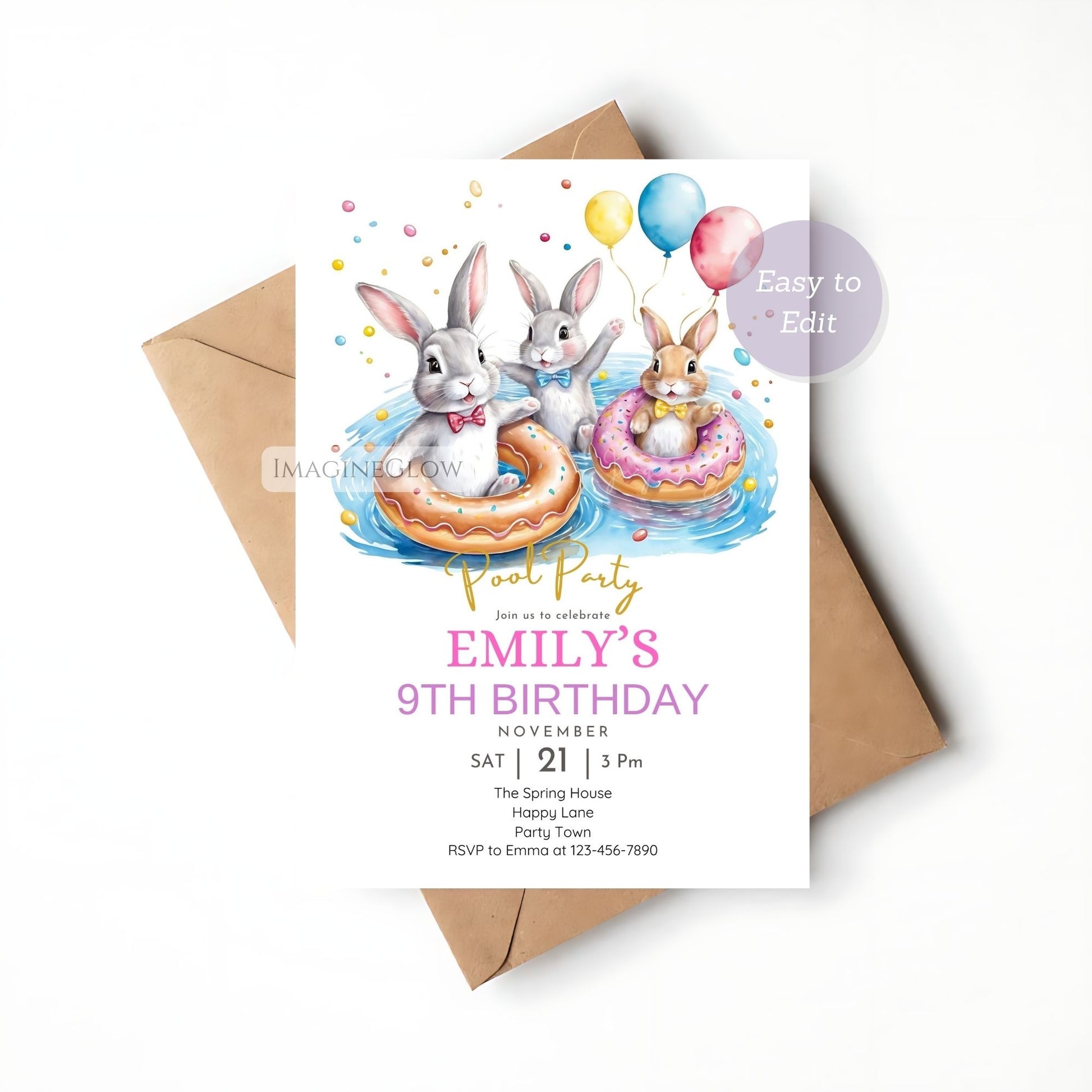 Rabbit pool party birthday invite digital