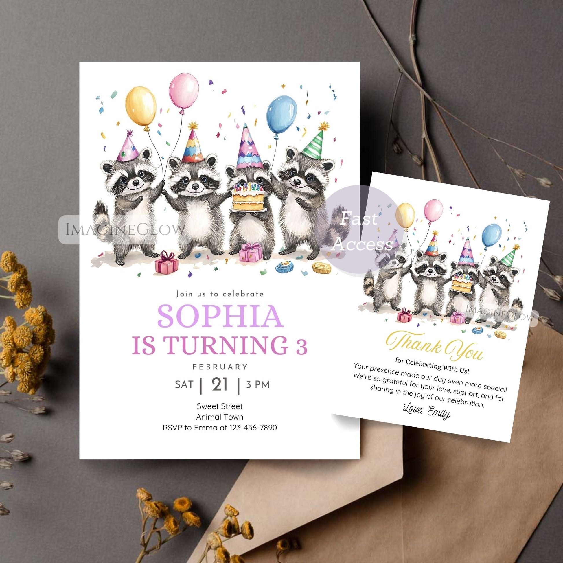 Woodland raccoon birthday invitation and appreciation card
Cute raccoon forest birthday invitation and thank you set