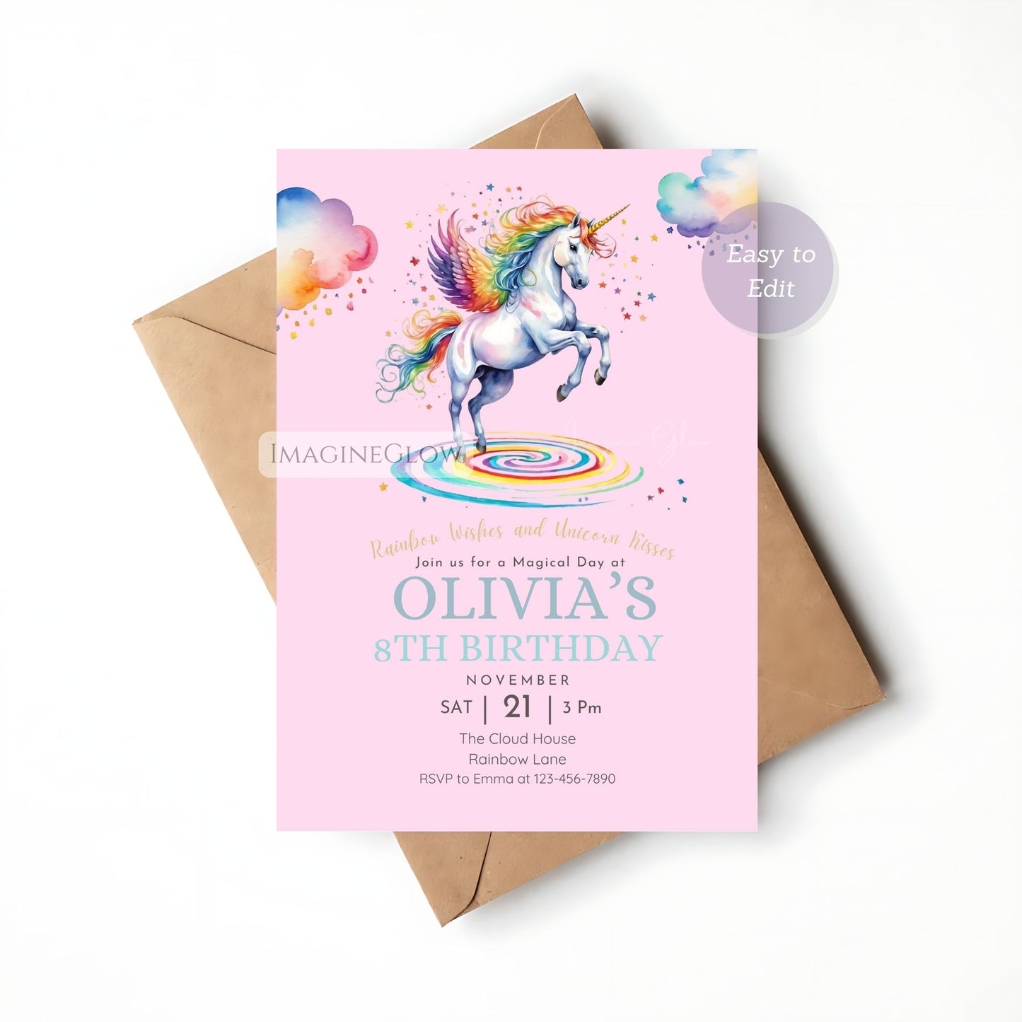 Printable magical unicorn party invitation.
