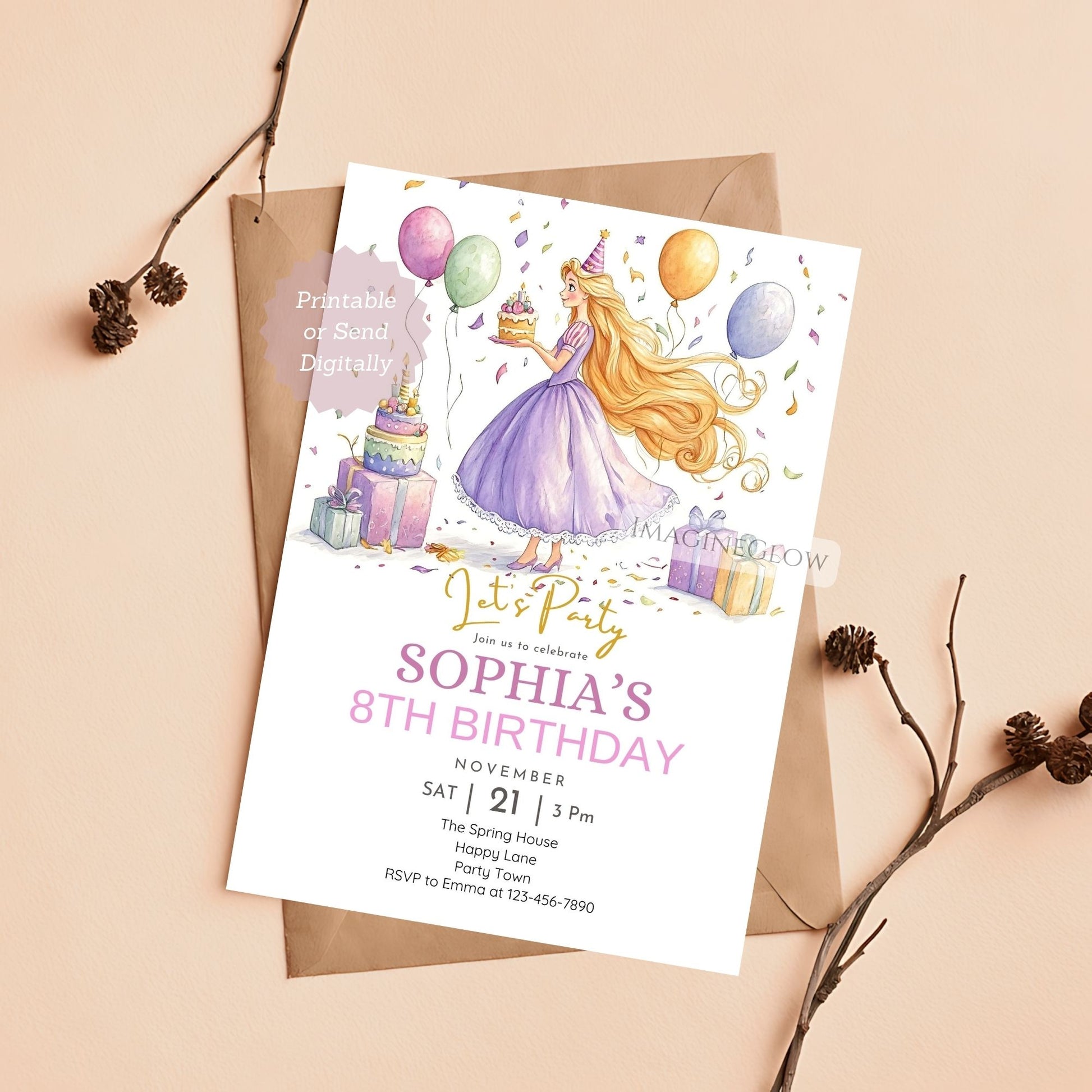 Rapunzel birthday party invitation with instant download