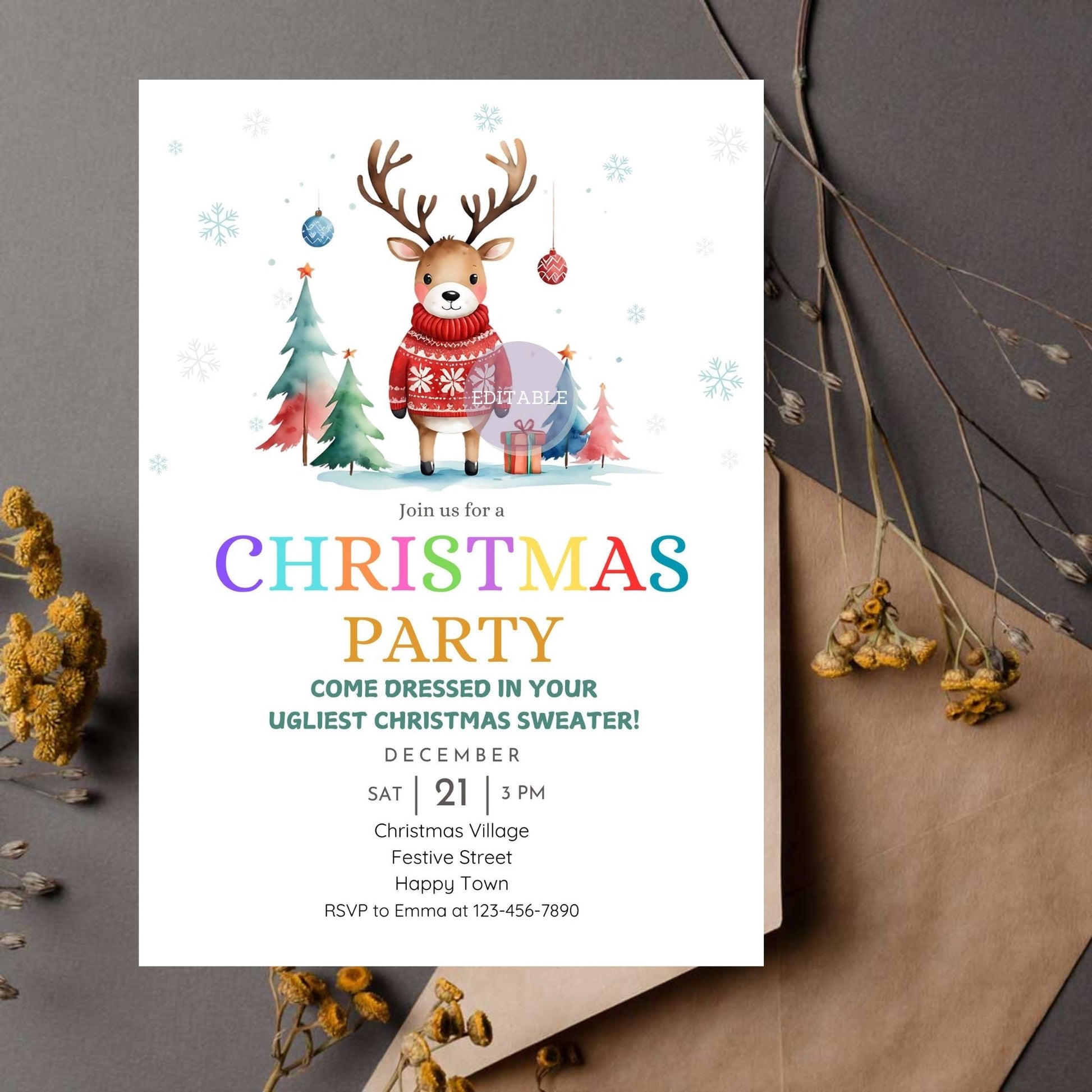Reindeer Christmas party invitation with festive holiday design.