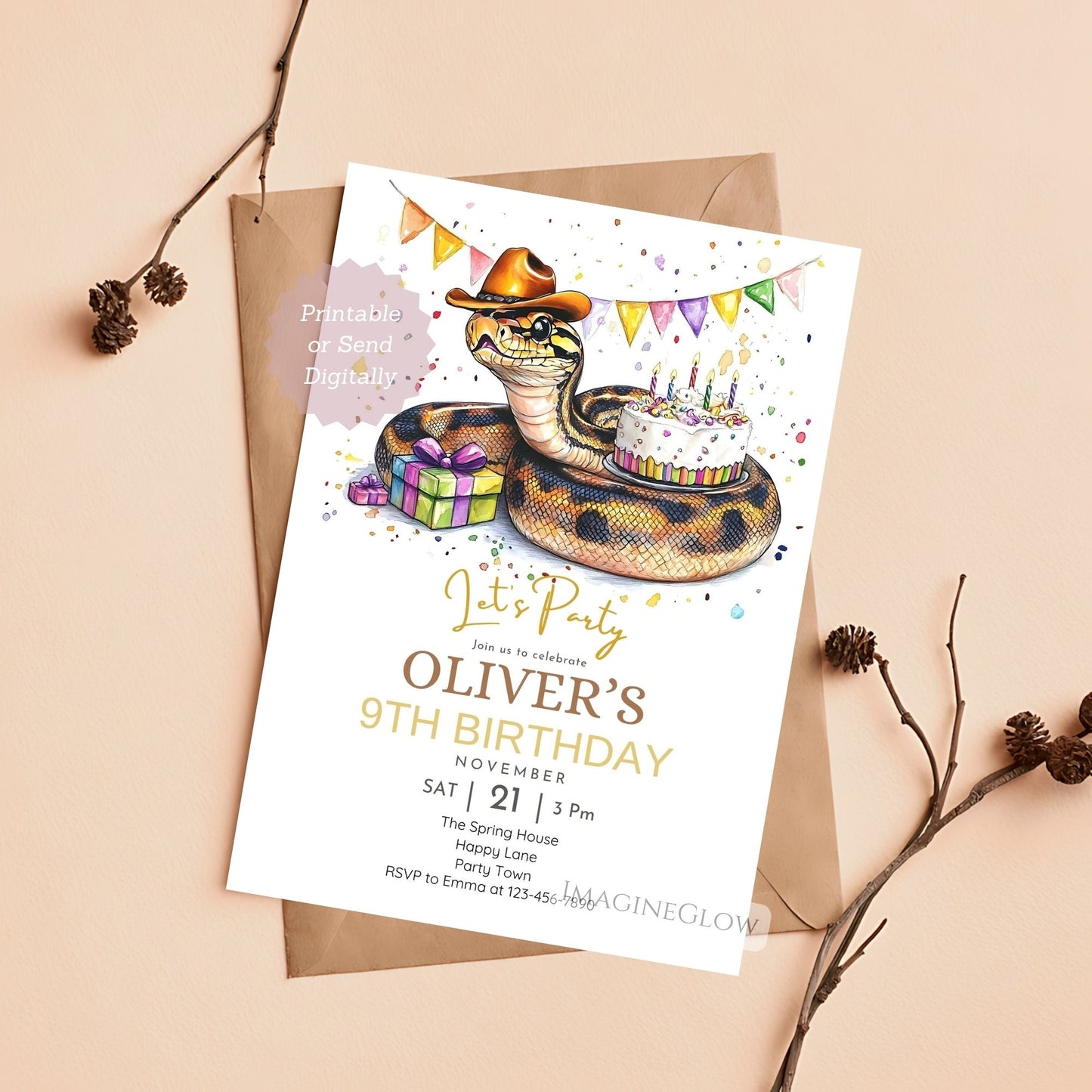 Birthday party invitation with snake wearing a hat and cake, on a white background.