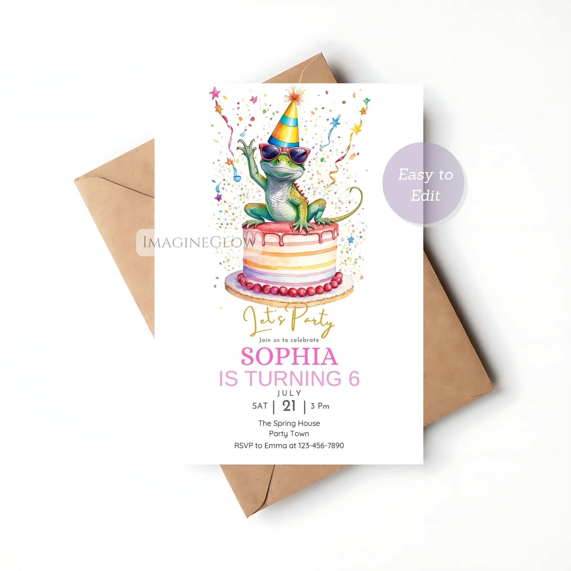 Birthday invitation card with a lizard on a cake