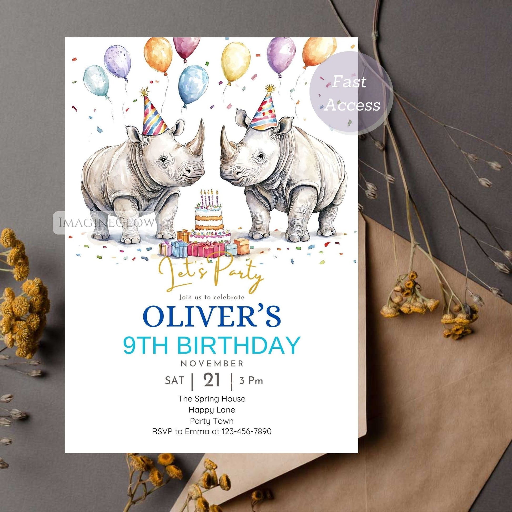 Rhino Birthday Invitation - Safari Party Theme