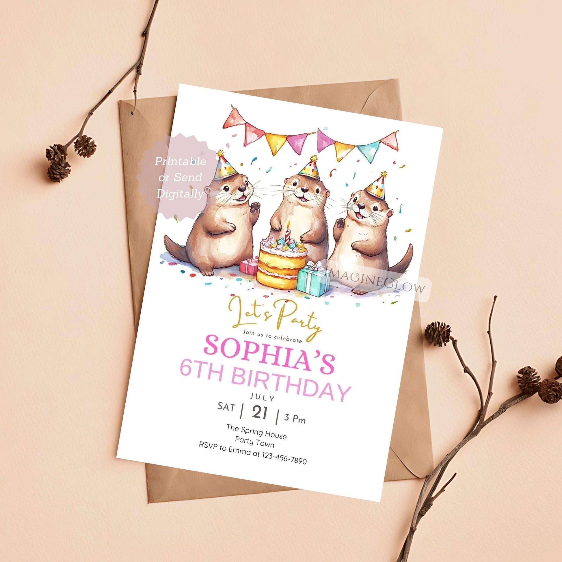 Birthday party invitation with cartoon otters on a beige background