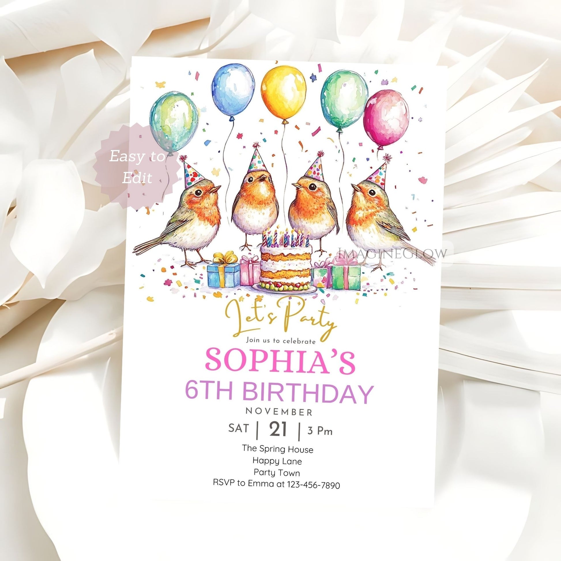 Printable robin party invitation
Editable forest bird birthday card