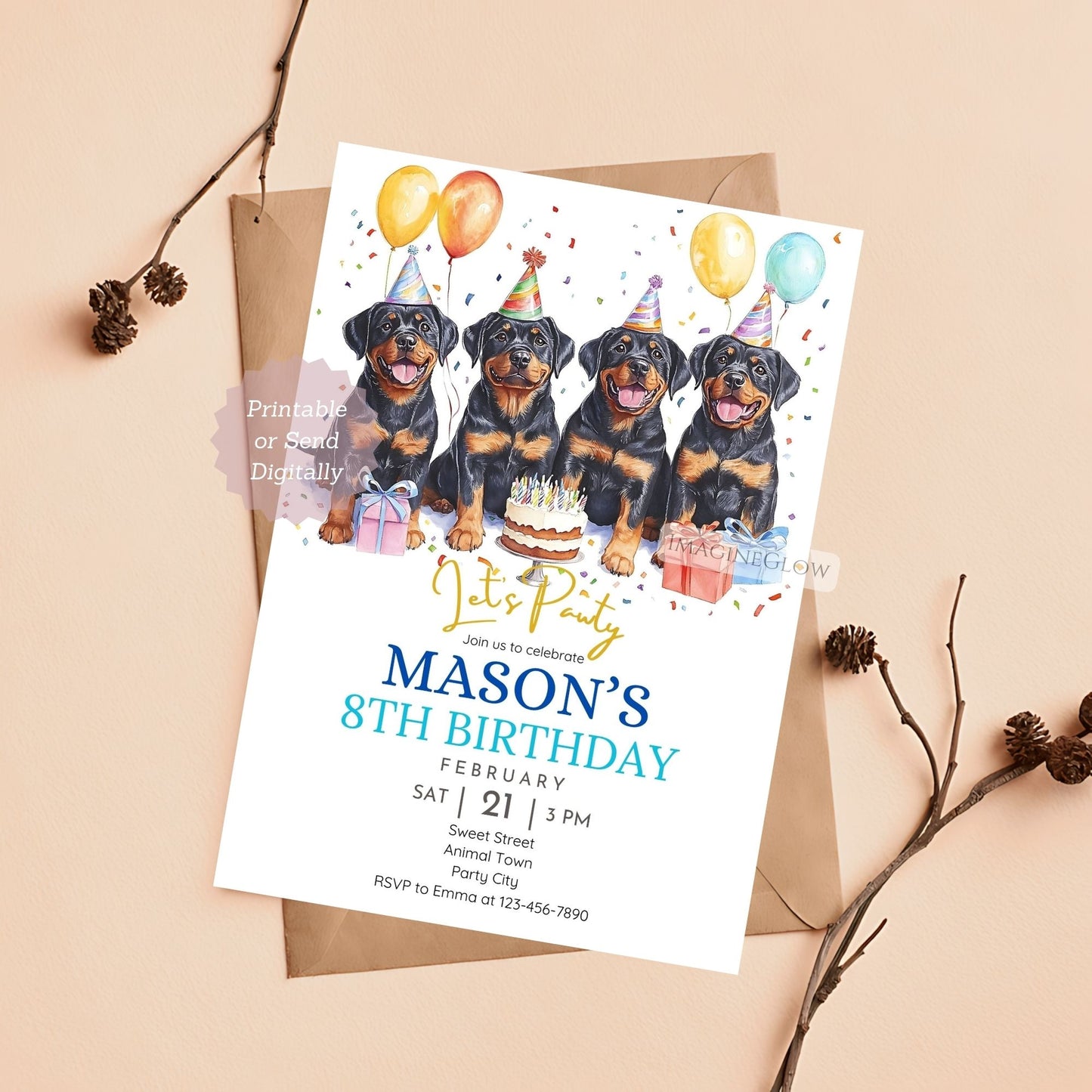 Printable Rottweiler dog party invite.