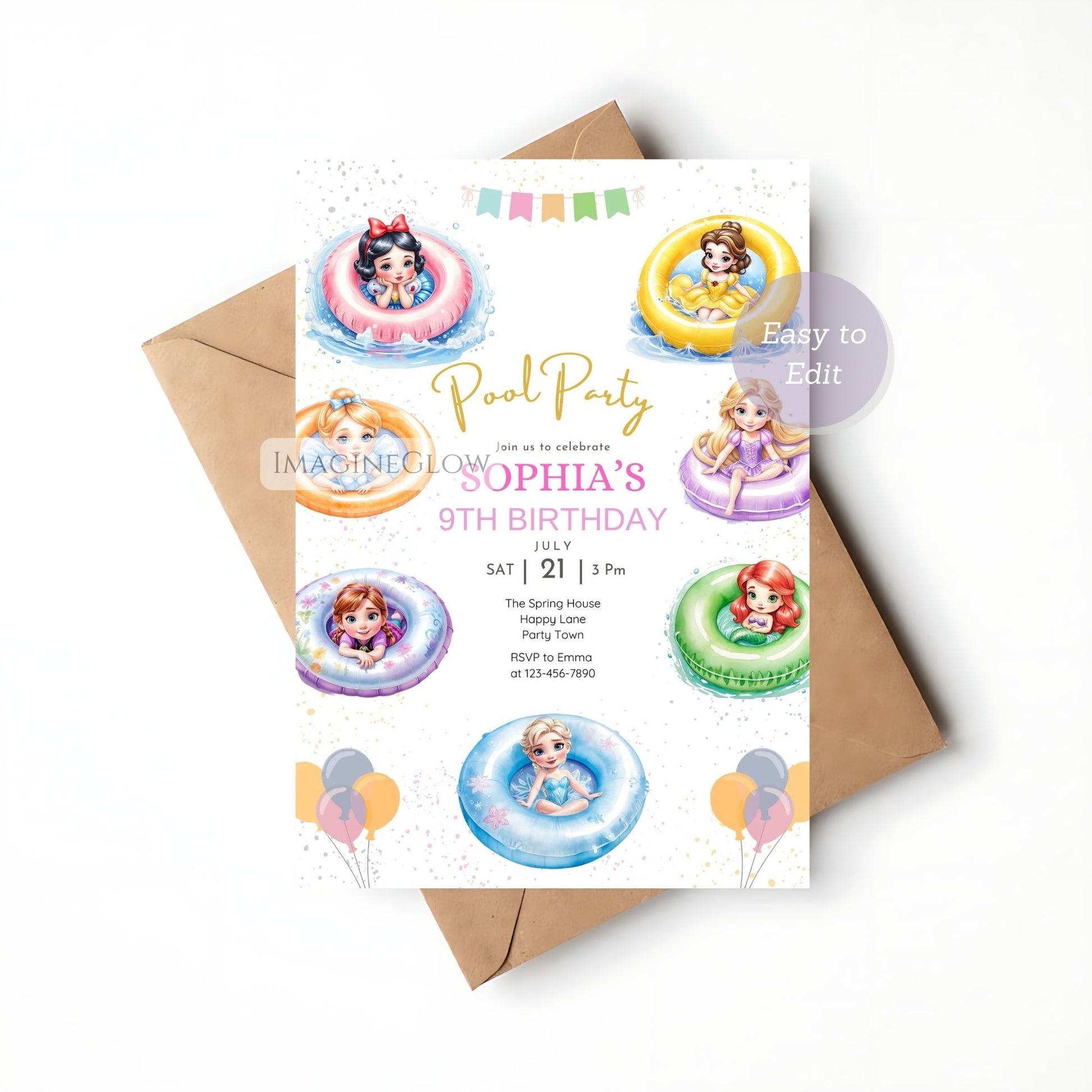 Birthday party invitation with cartoon characters and pool floats on a white background