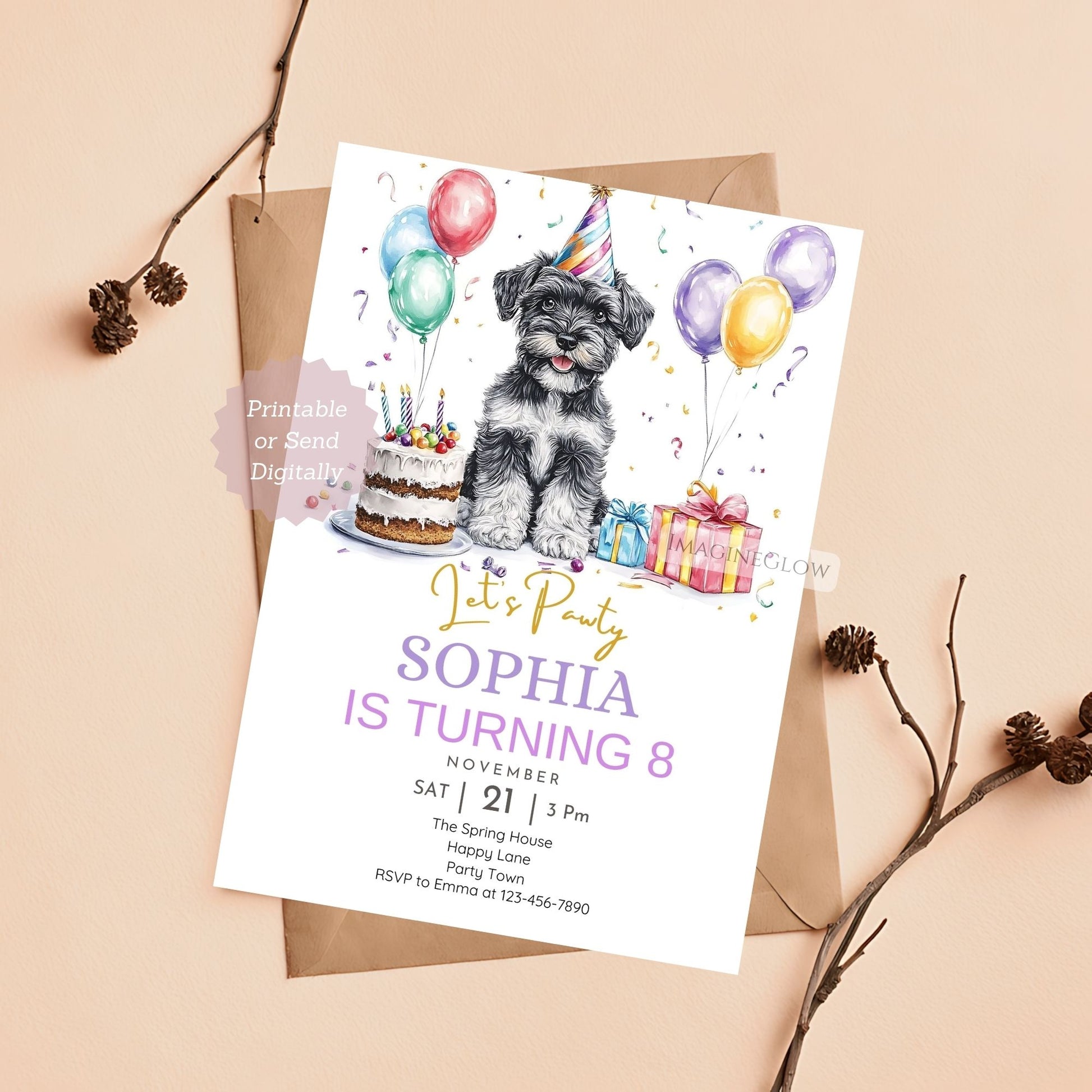 Schnauzer dog birthday party invite digital download.