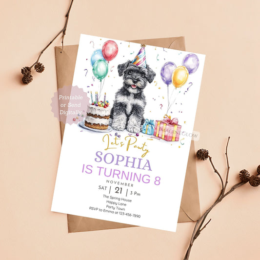 Schnauzer dog birthday party invite digital download.